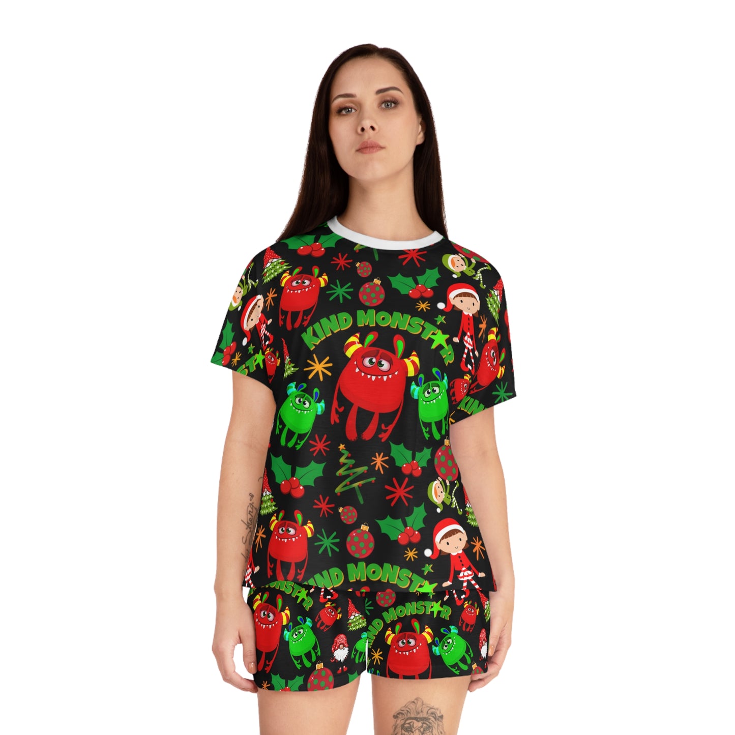 Kind Monstar Xmas Women's Black Short Pajama Set