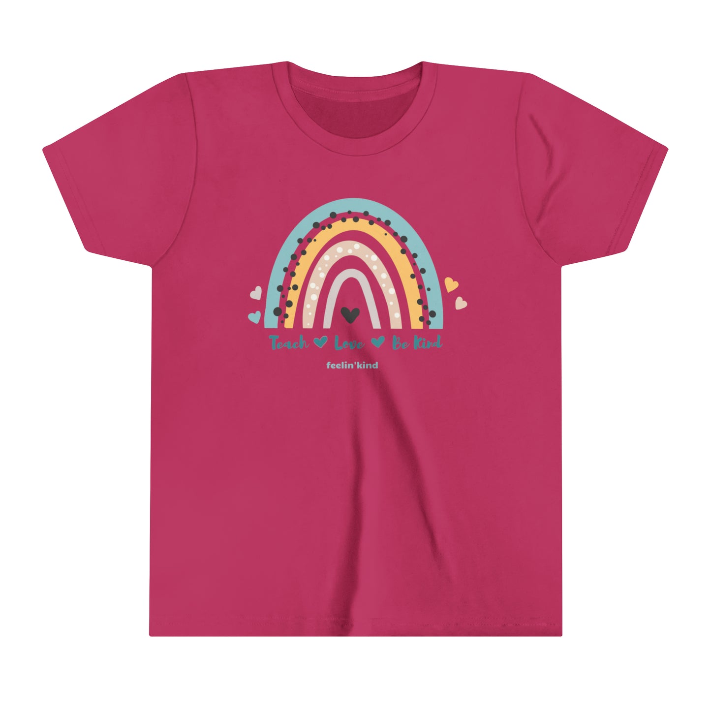 Feelin'Kind Teach Love Be Kind design on a berry t-shirt
