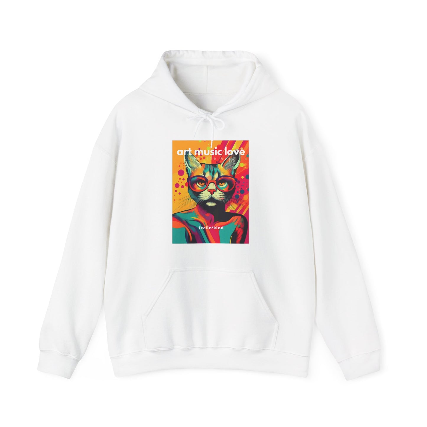 A white hoodie with a colorful graphic print of a cat wearing headphones and the text 'ART MUSIC LOVE' on the front.