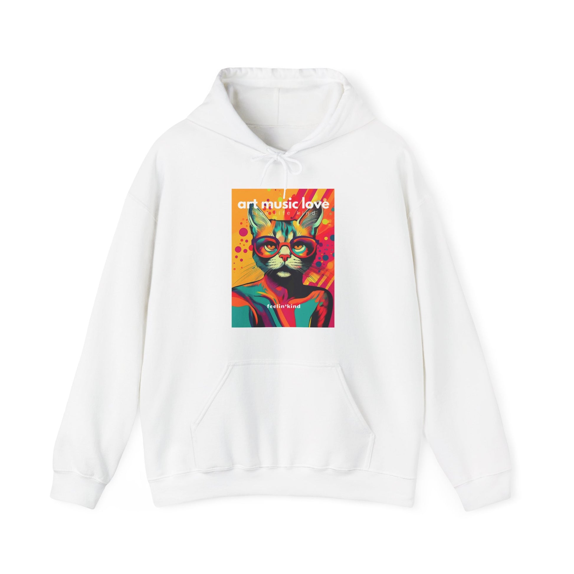 A white hoodie with a colorful graphic print of a cat wearing headphones and the text 'ART MUSIC LOVE' on the front.