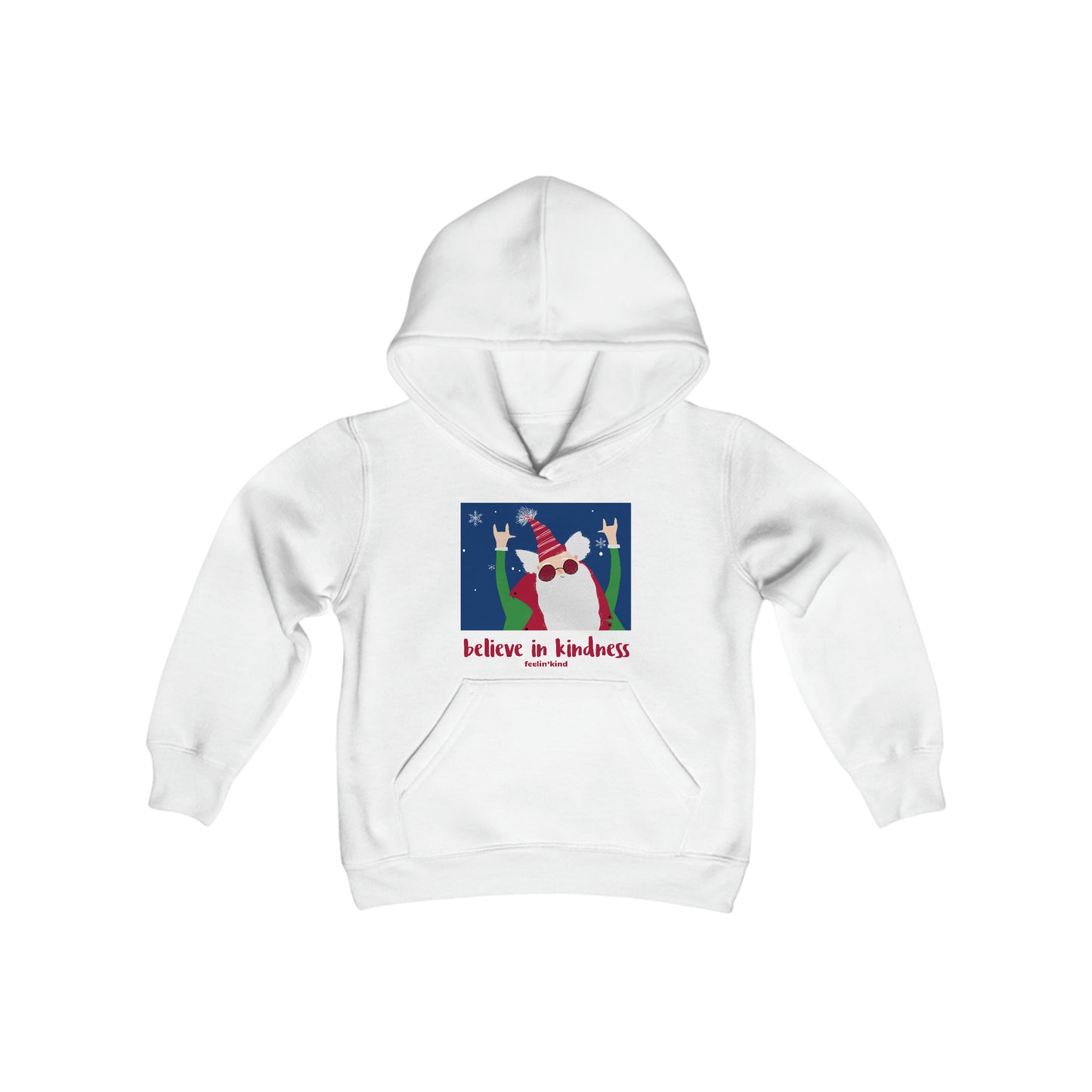 Believe in Kindness hoodie featuring a cool Santa design inspired by the spirit of goodwill, perfect for the holidays.