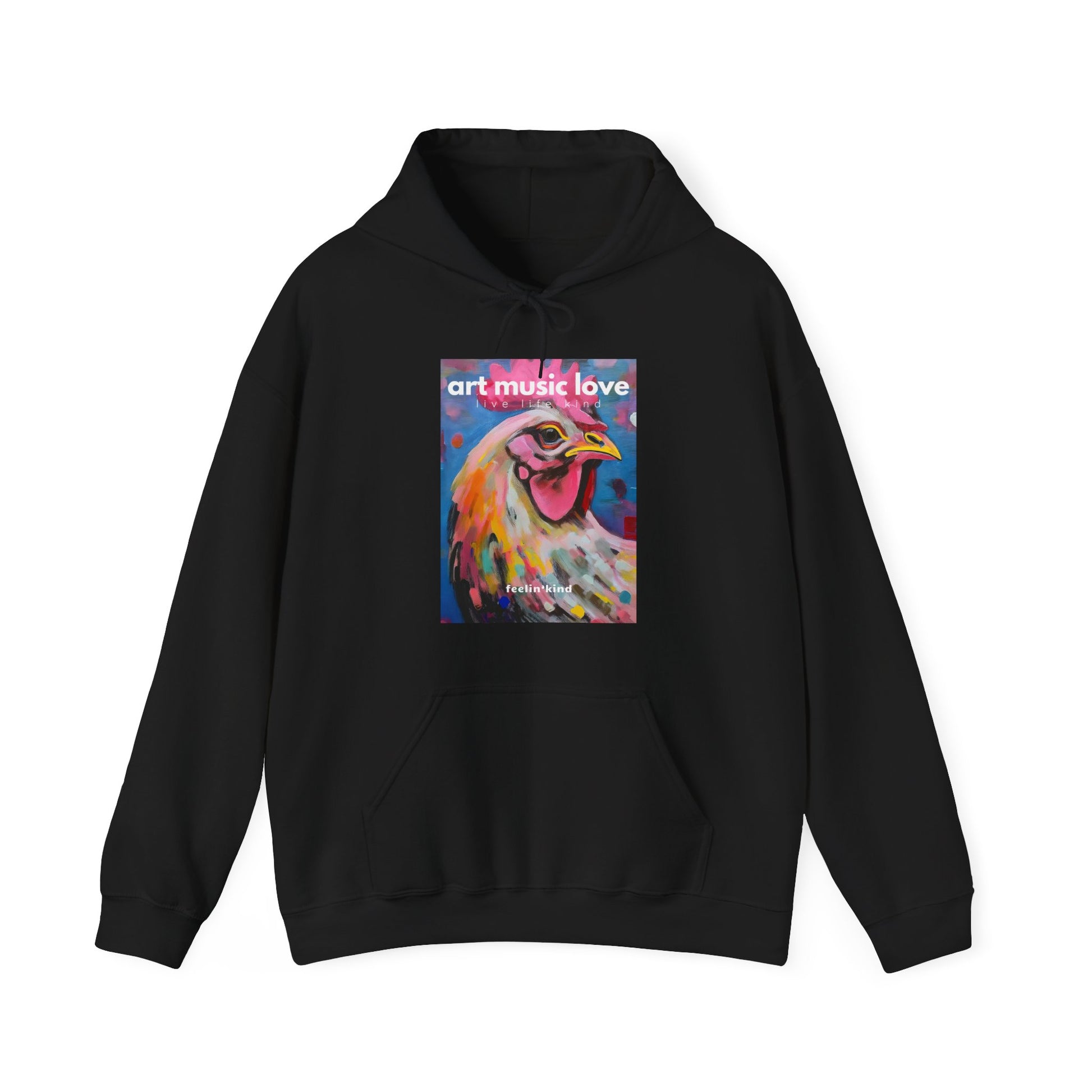 A black hoodie with a colorful chicken design on the front and the text 'ART MUSIC LOVE' above it.