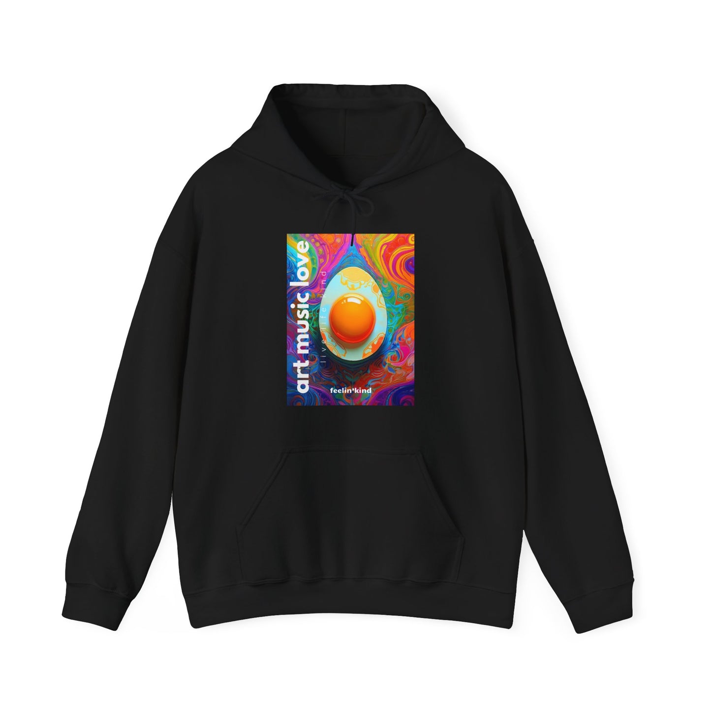 A black hoodie with a psychedelic design featuring an egg and the text 'Art Music Love' on the front.