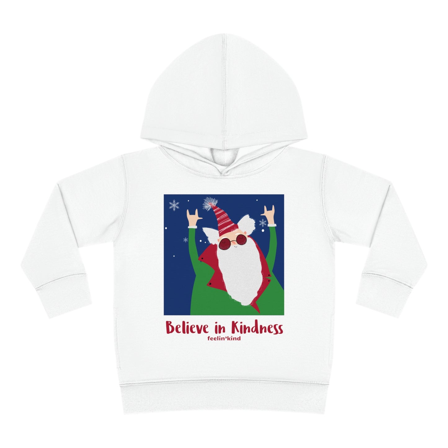 Believe in Kindness hoodie featuring a cool Santa design inspired by the spirit of goodwill, perfect for the holidays.