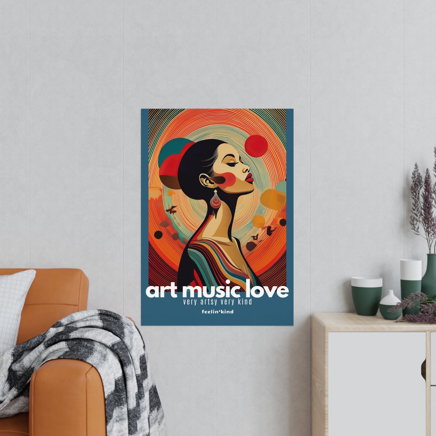 Colorful poster of a woman with 'art music love' text in a room with a couch and decor.
