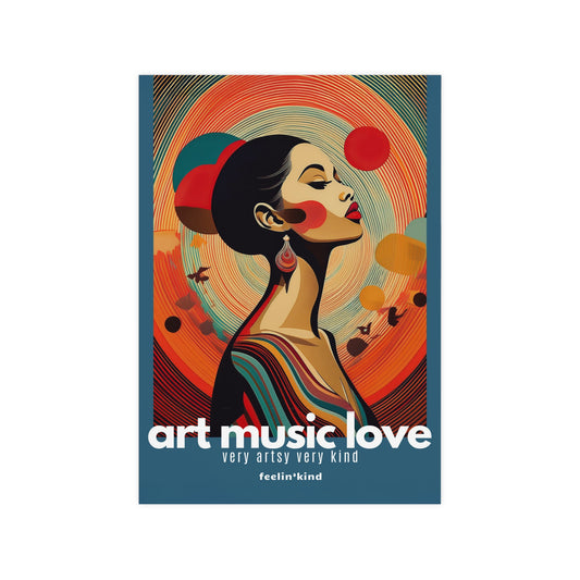 Colorful portrait with circular rhythm and bold tones – Art Music Love poster.