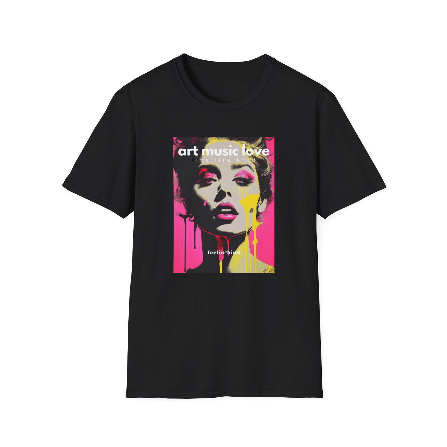 A black t-shirt with a printed text 'Art Music Love' and a colorful artistic depiction of a woman's face on the front.