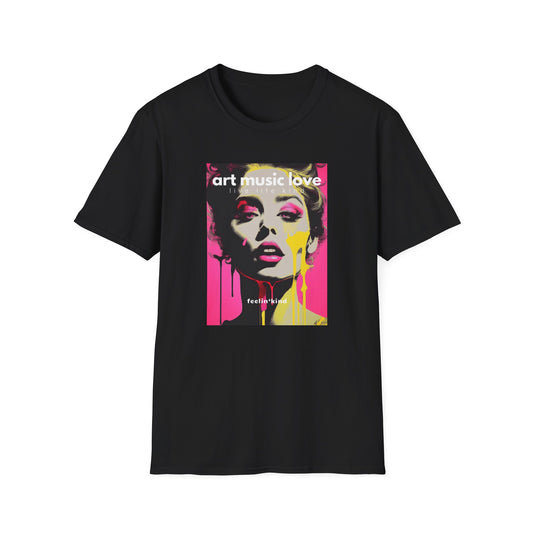 A black t-shirt with a printed text 'Art Music Love' and a colorful artistic depiction of a woman's face on the front.