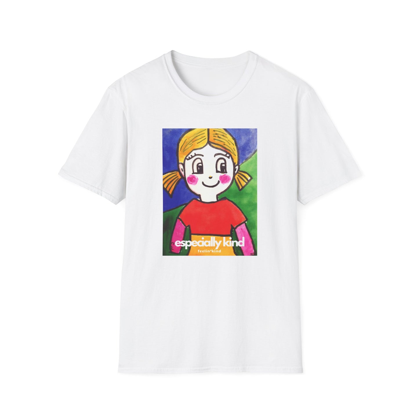 A white crew neck t-shirt with a colorful graphic of a character on the front, labeled especially kind.