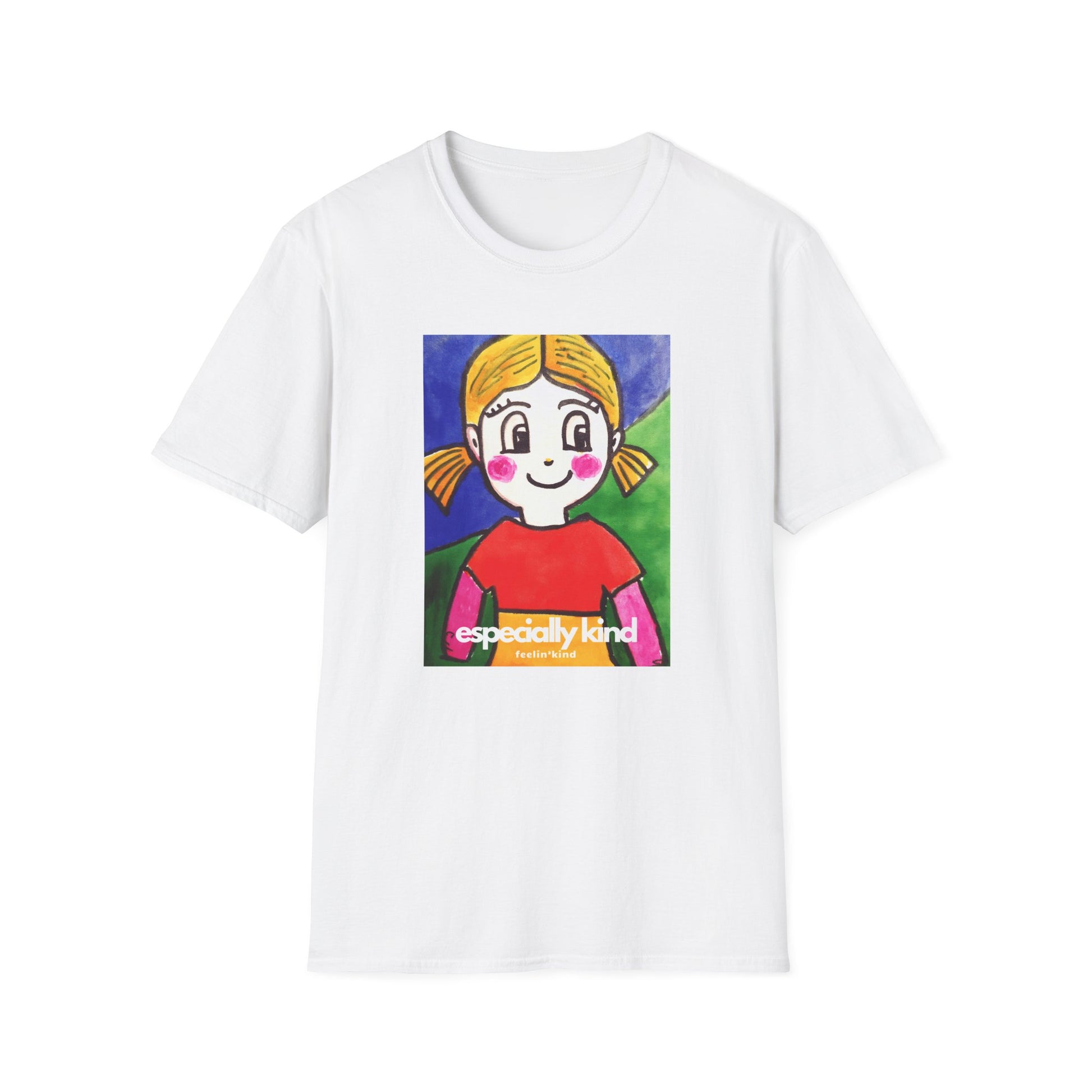 A white crew neck t-shirt with a colorful graphic of a character on the front, labeled especially kind.