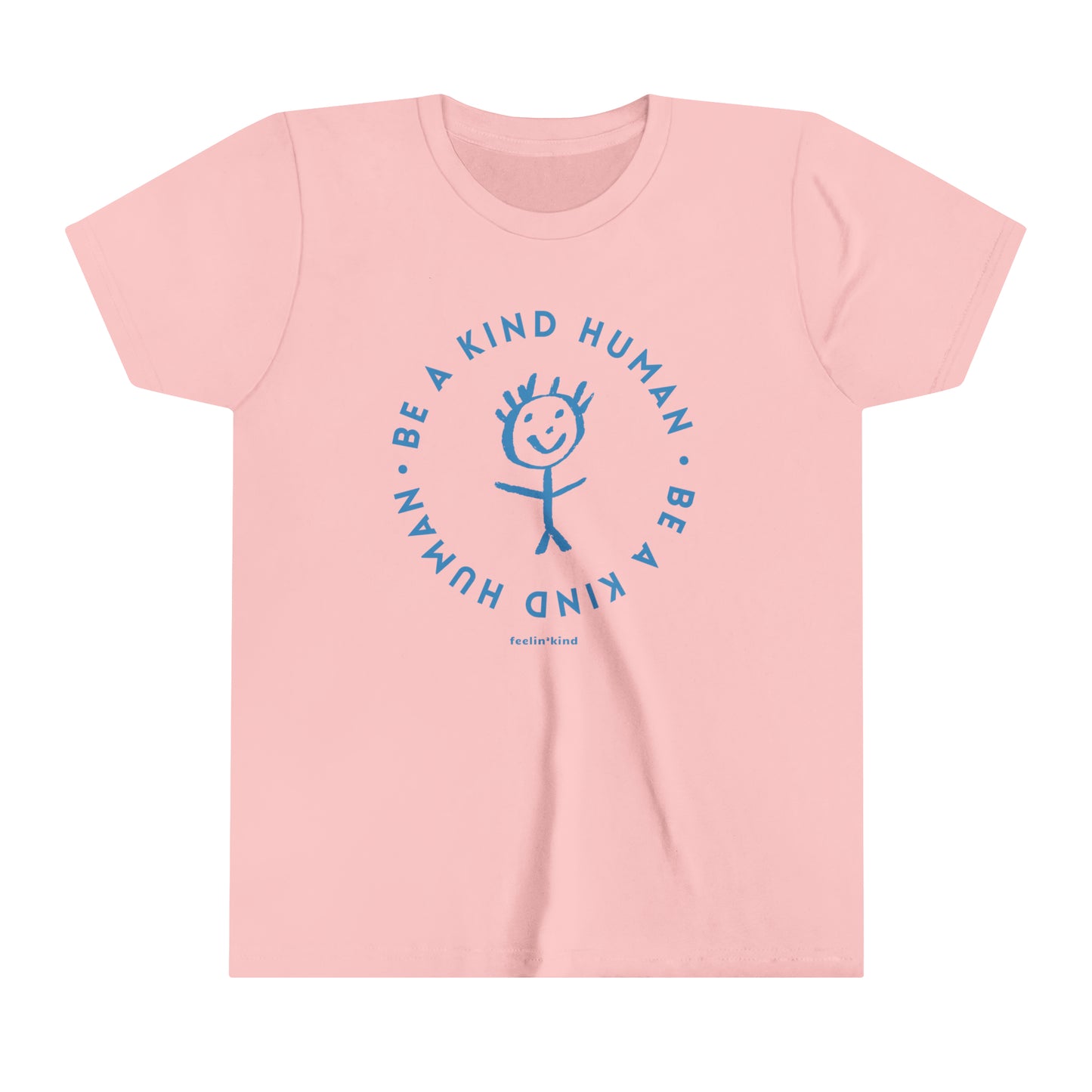 Be a Kind Human kid’s t-shirt featuring a kids drawing of a person in the center.