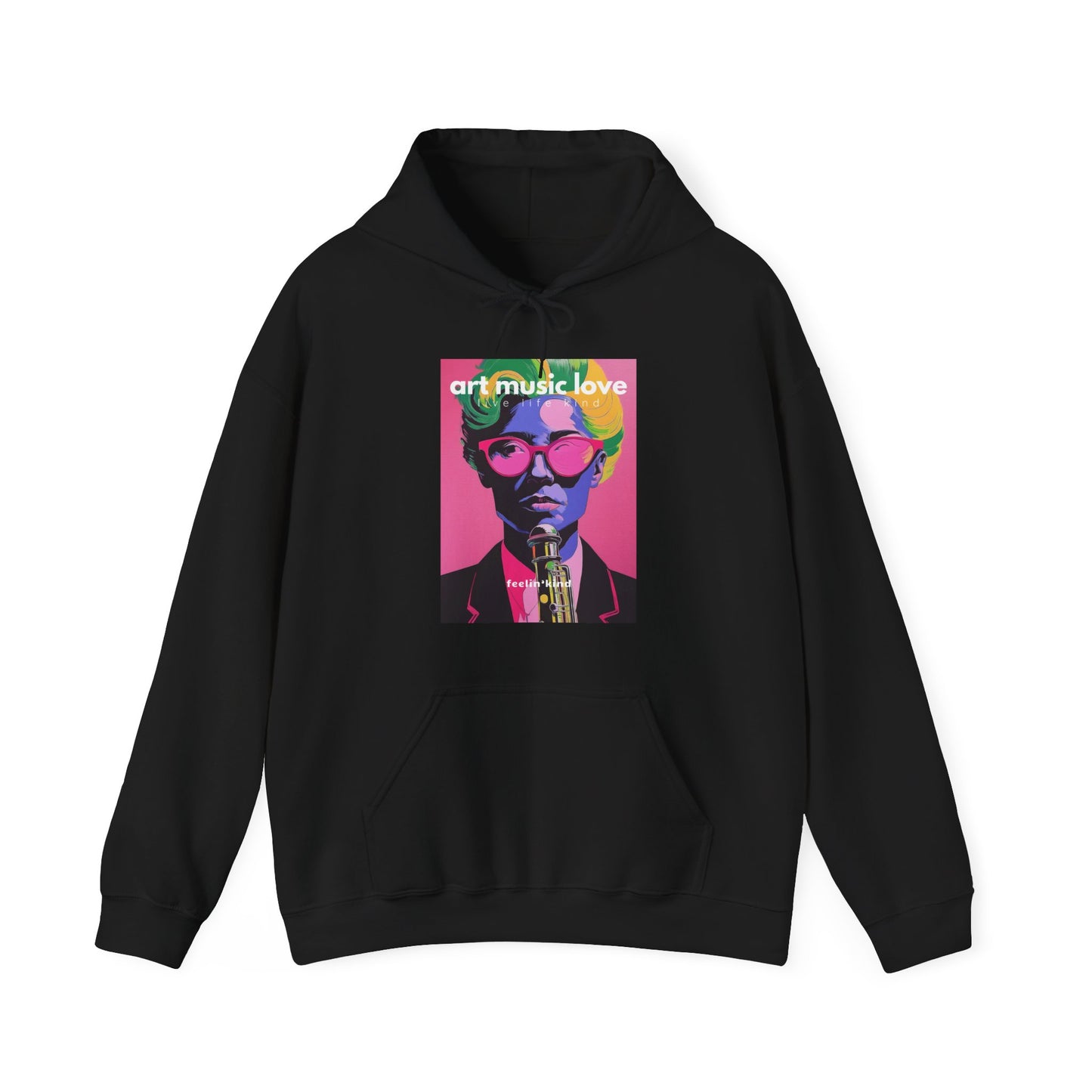 A black hoodie with a colorful art-related graphic on the front.