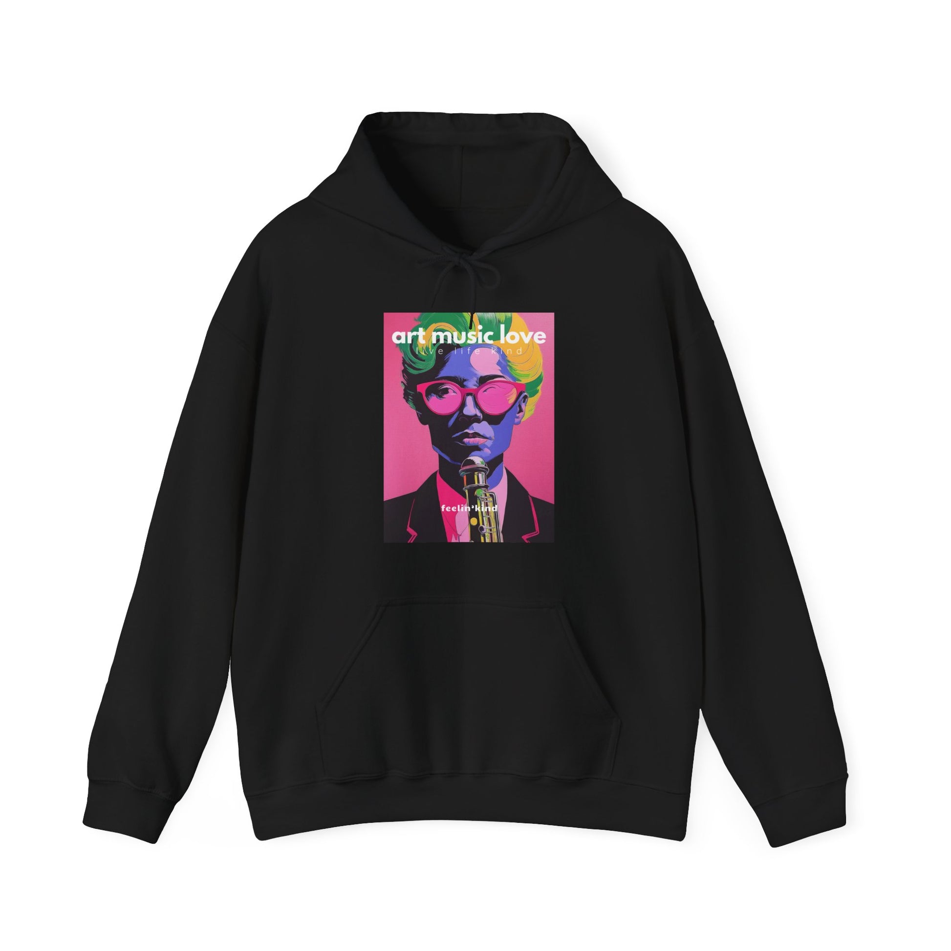 A black hoodie with a colorful art-related graphic on the front.