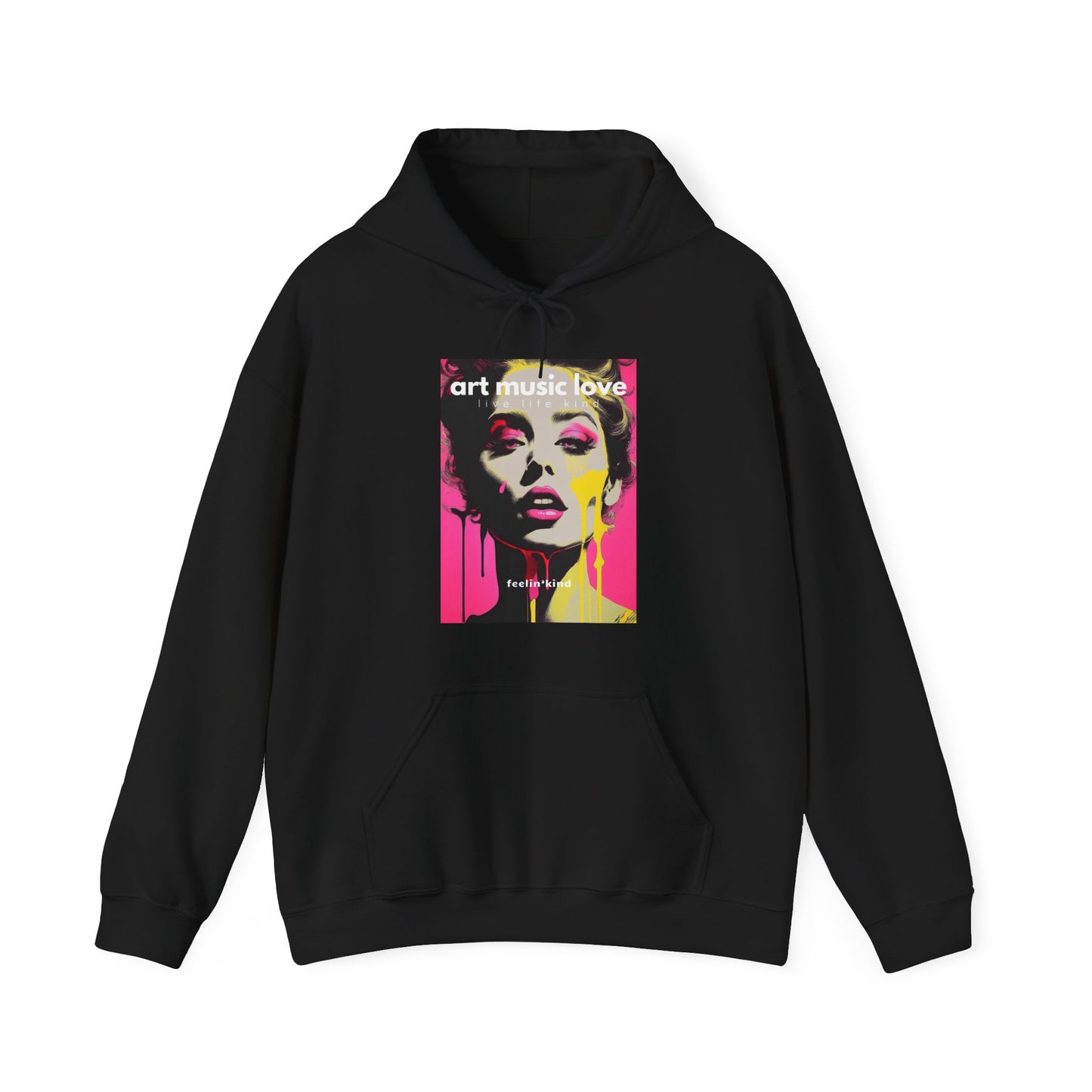 Black hoodie with a graphic print of a woman's face painted in bright colors on the front, accompanied by the text 'ART MUSIC LOVE'.