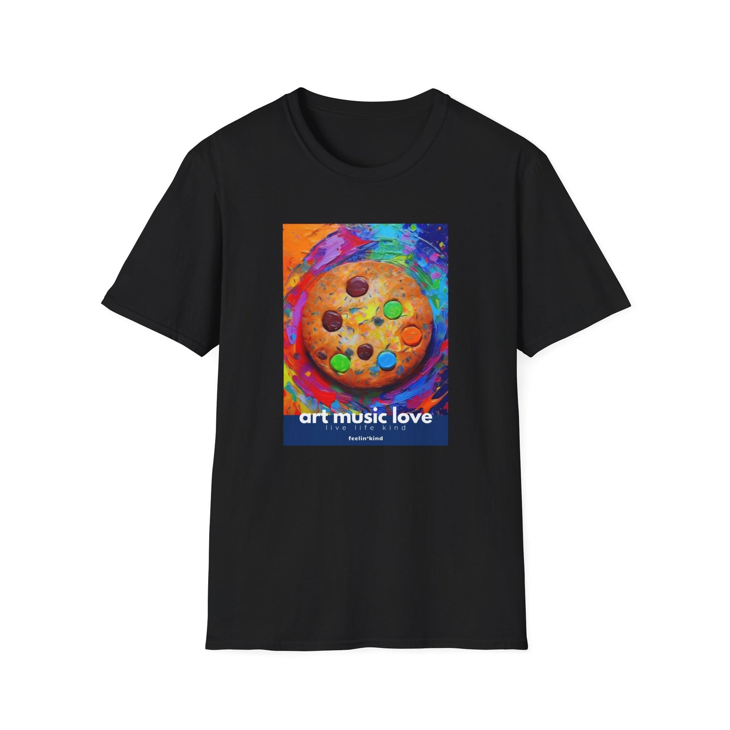 A colorful t-shirt with a graphic print of a cookie with different colored icicles on it, and the text 'ART MUSIC LOVE' below it.
