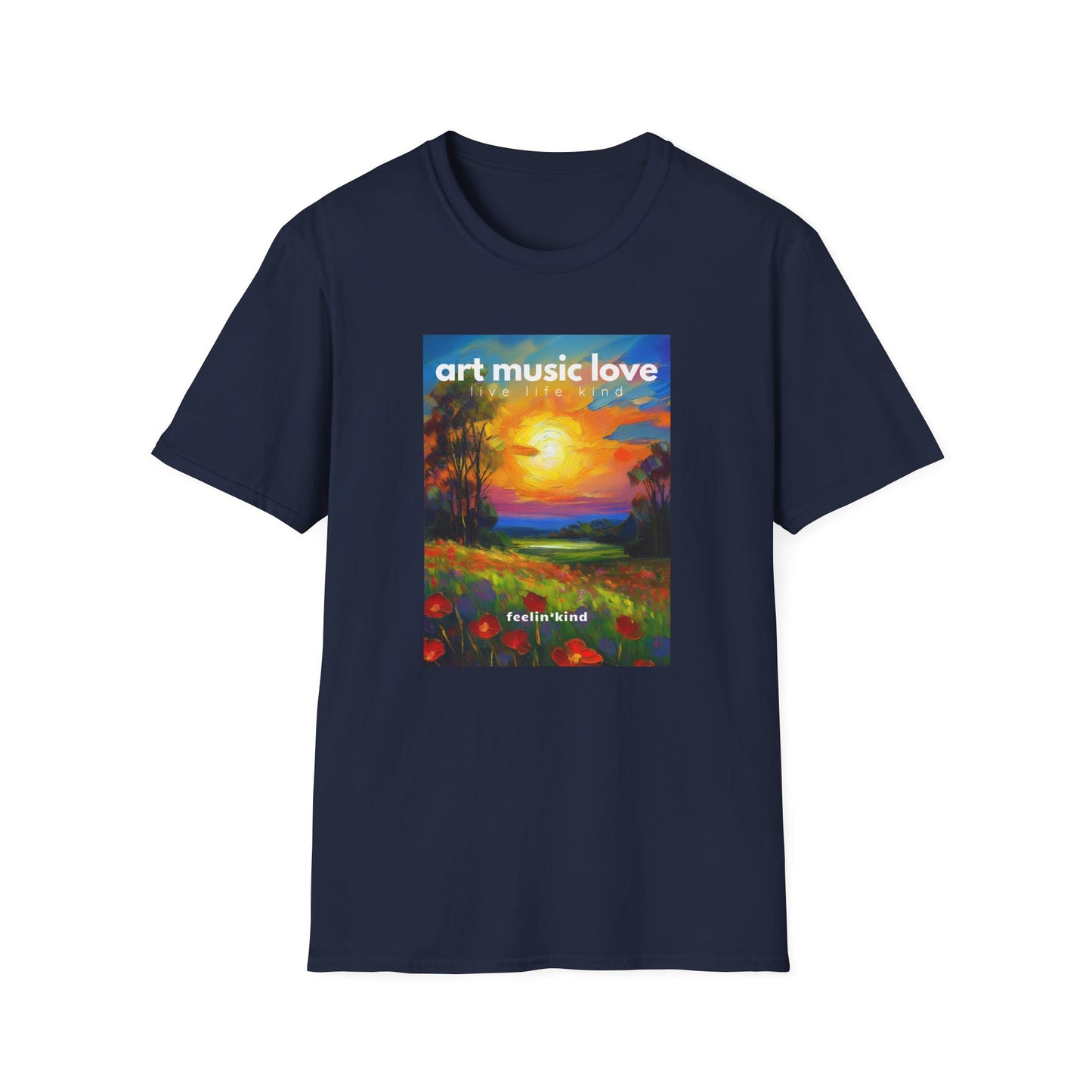 A navy blue t-shirt with a printed sunset landscape design featuring text Art Music Love