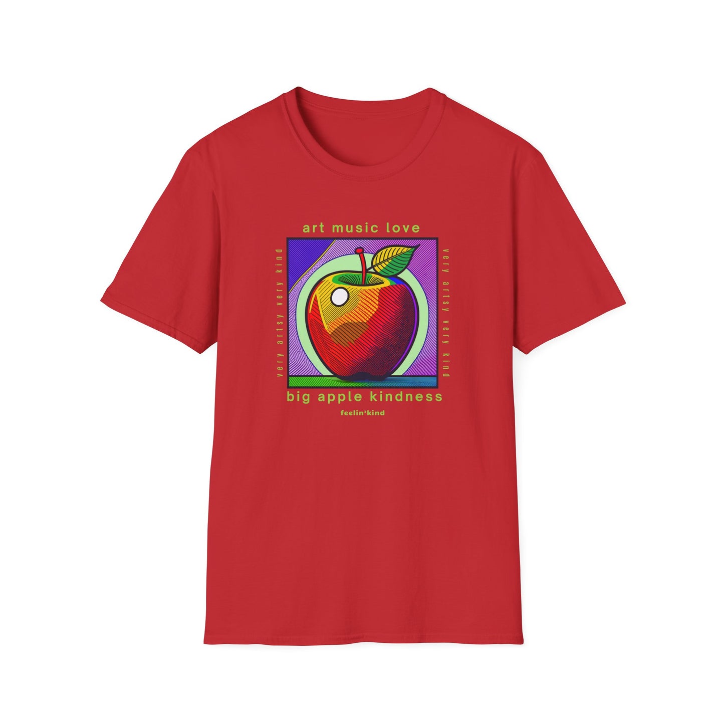 Red t-shirt with a colorful apple graphic and text on a white background