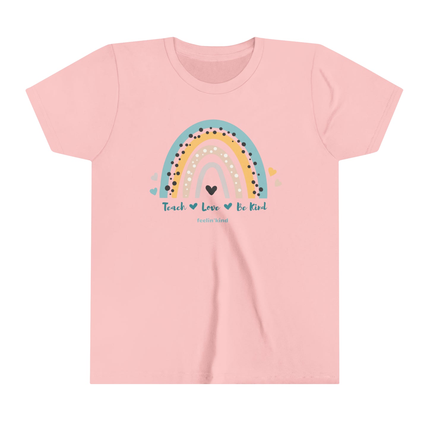 Feelin'Kind Teach Love Be Kind design on a pink t-shirt