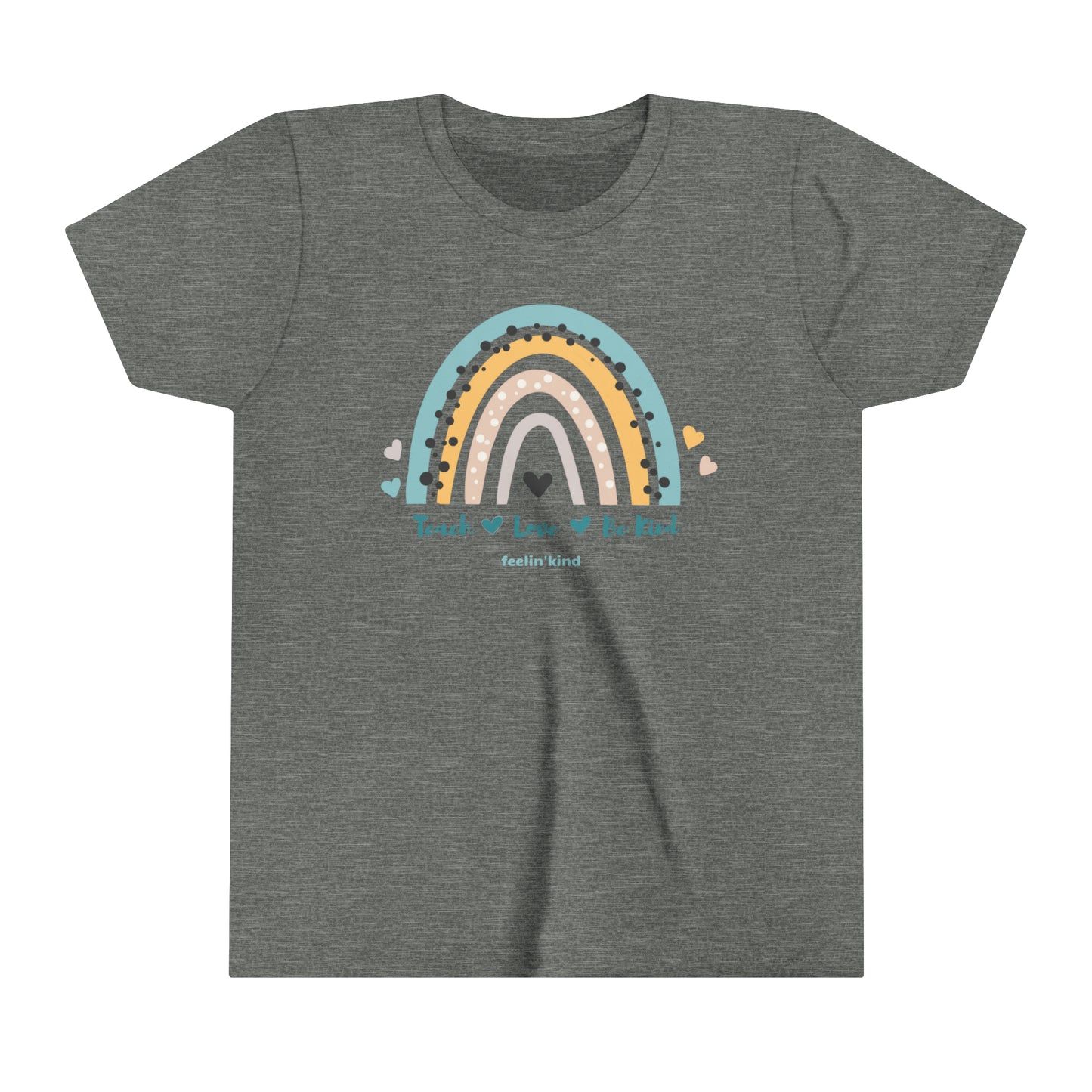 Feelin'Kind Teach Love Be Kind design on a deep heather t-shirt