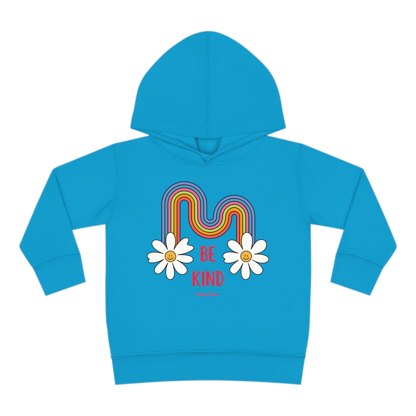 Be a Kind Rainbow kid’s hoodie featuring a a rainbow and smiling daisies.