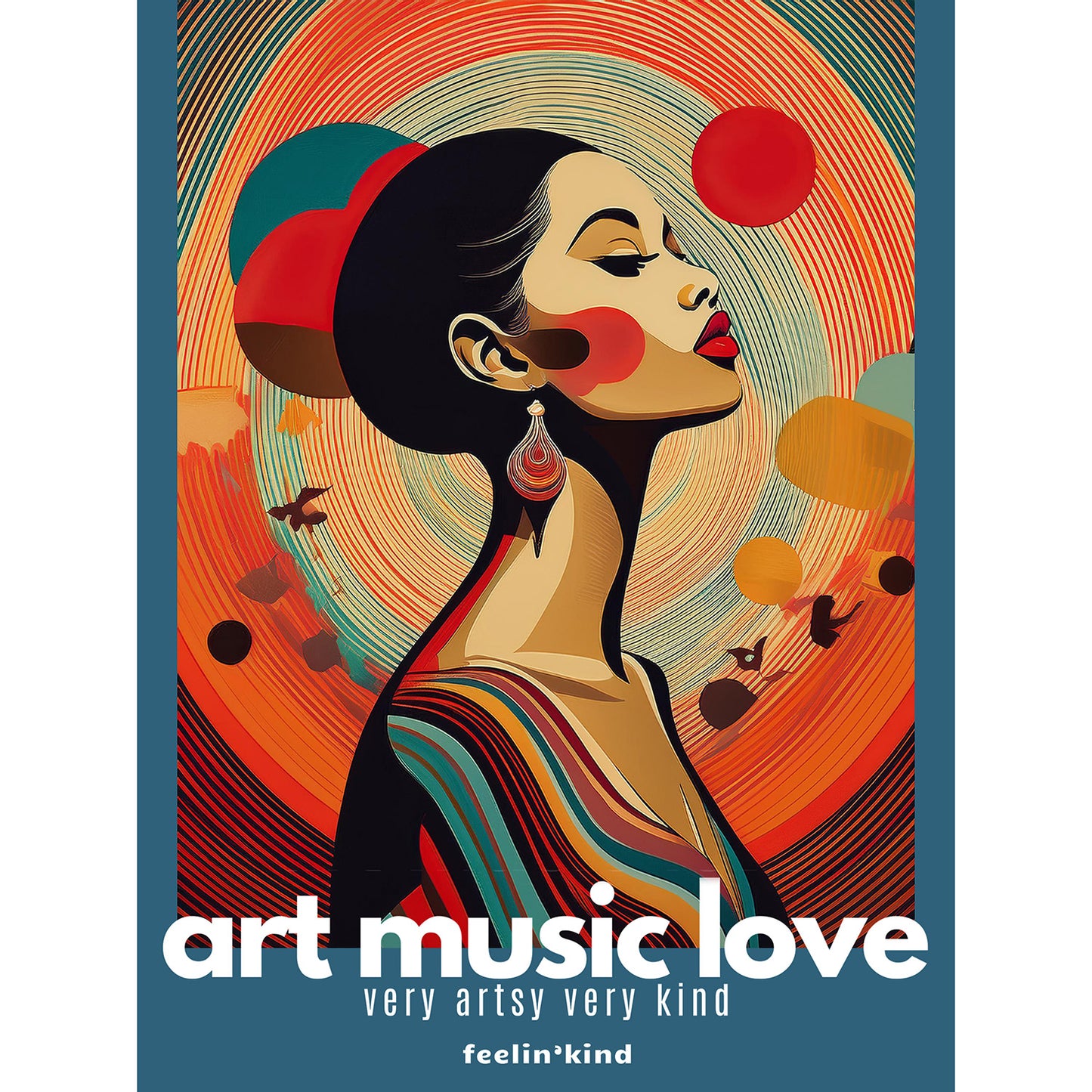 Artistic depiction of a woman with abstract design elements and text 'art music love' on a blue background