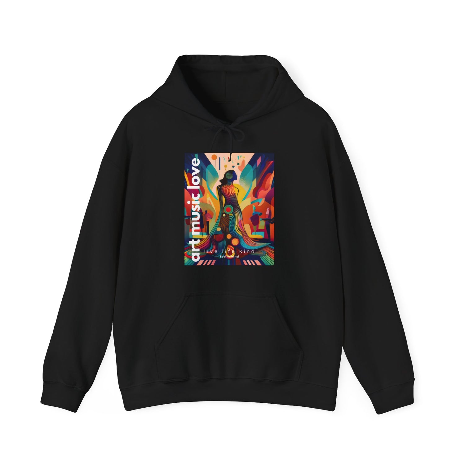A black hoodie with a colorful art-related graphic on the front, featuring a hood and a drawcord.