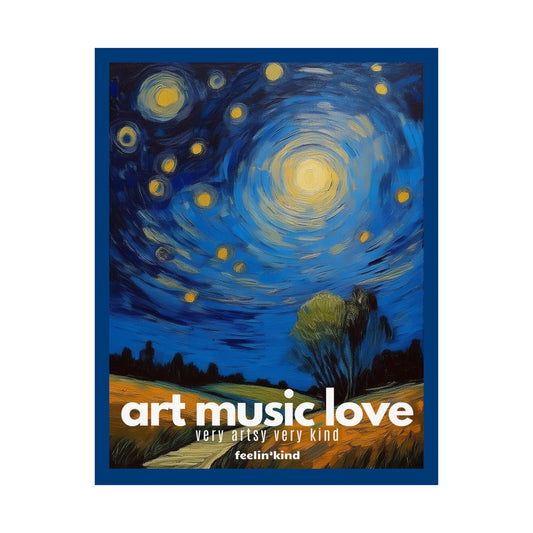 Artistic depiction of a starry night sky with trees and a path, featuring the text 'art music love very artsy very kind feelin'kind'.