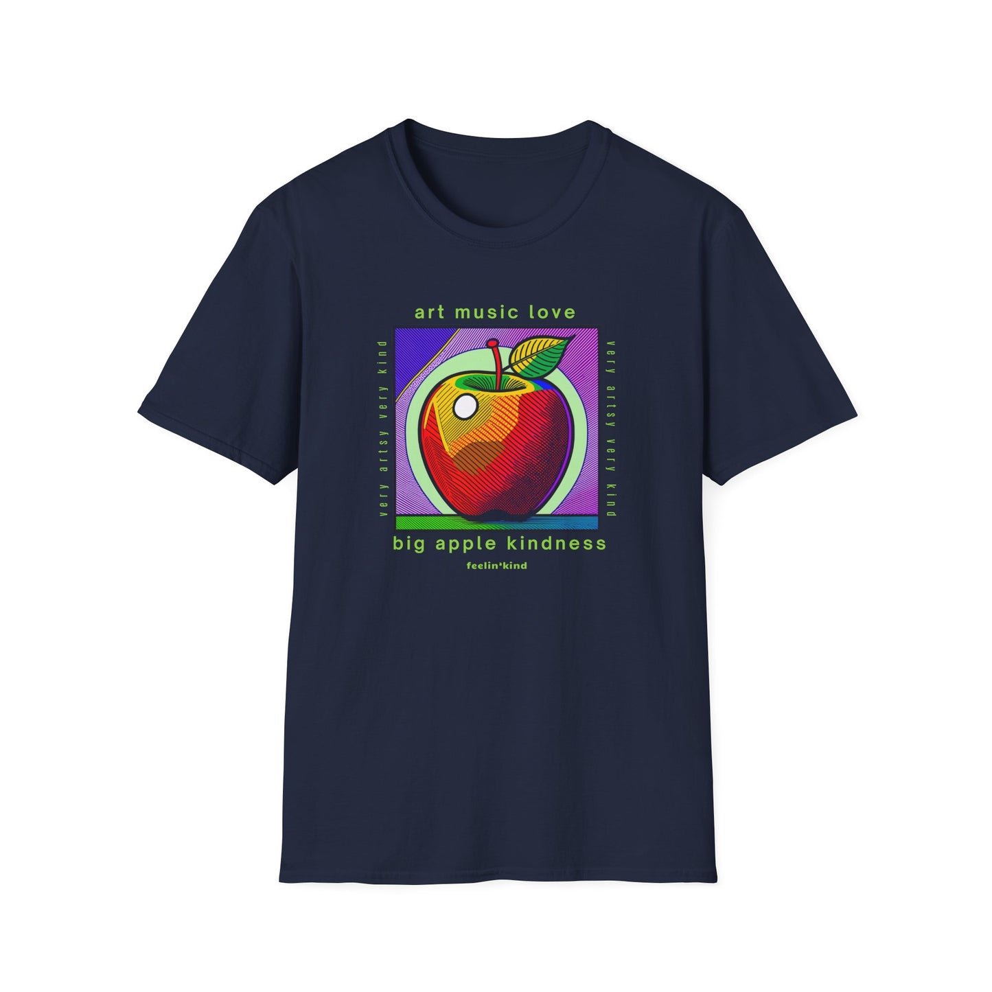 Navy blue t-shirt with a colorful apple graphic and text on a white background