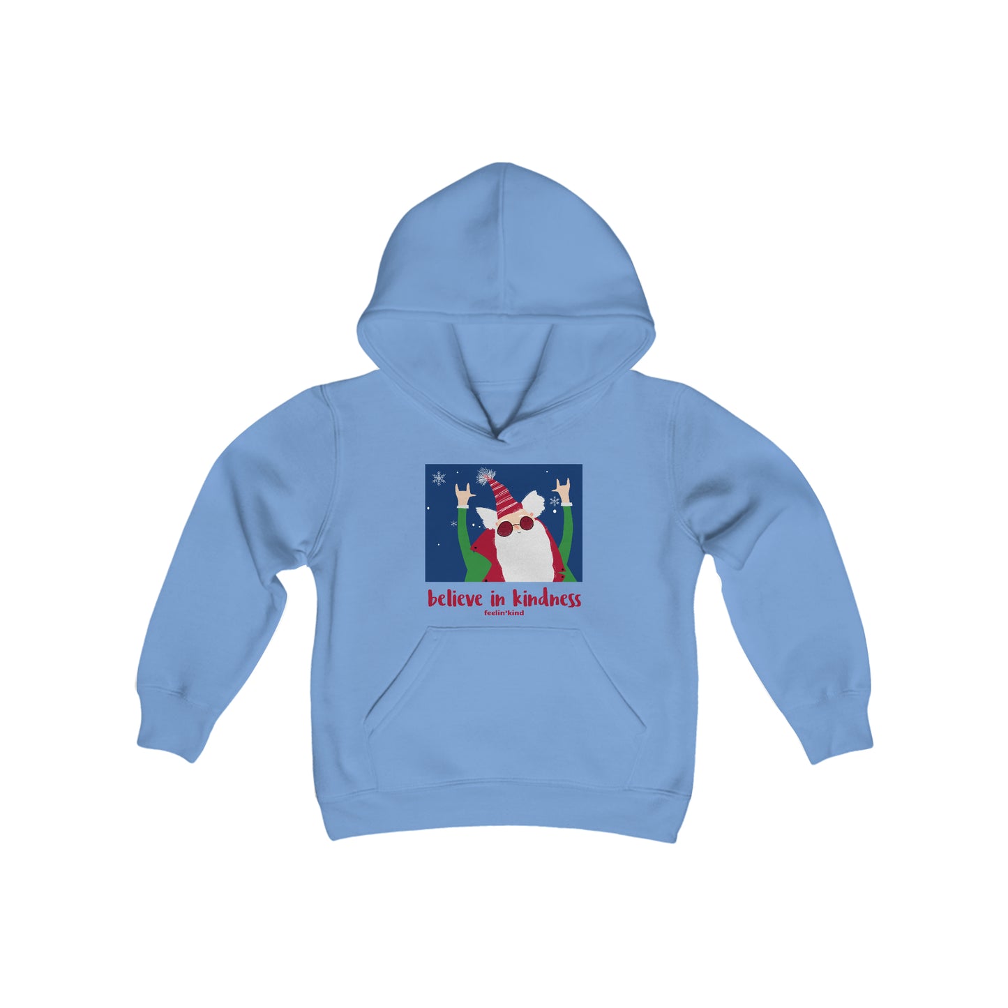 Believe in Kindness  hoodie featuring a cool Santa design inspired by the spirit of goodwill, perfect for the holidays.