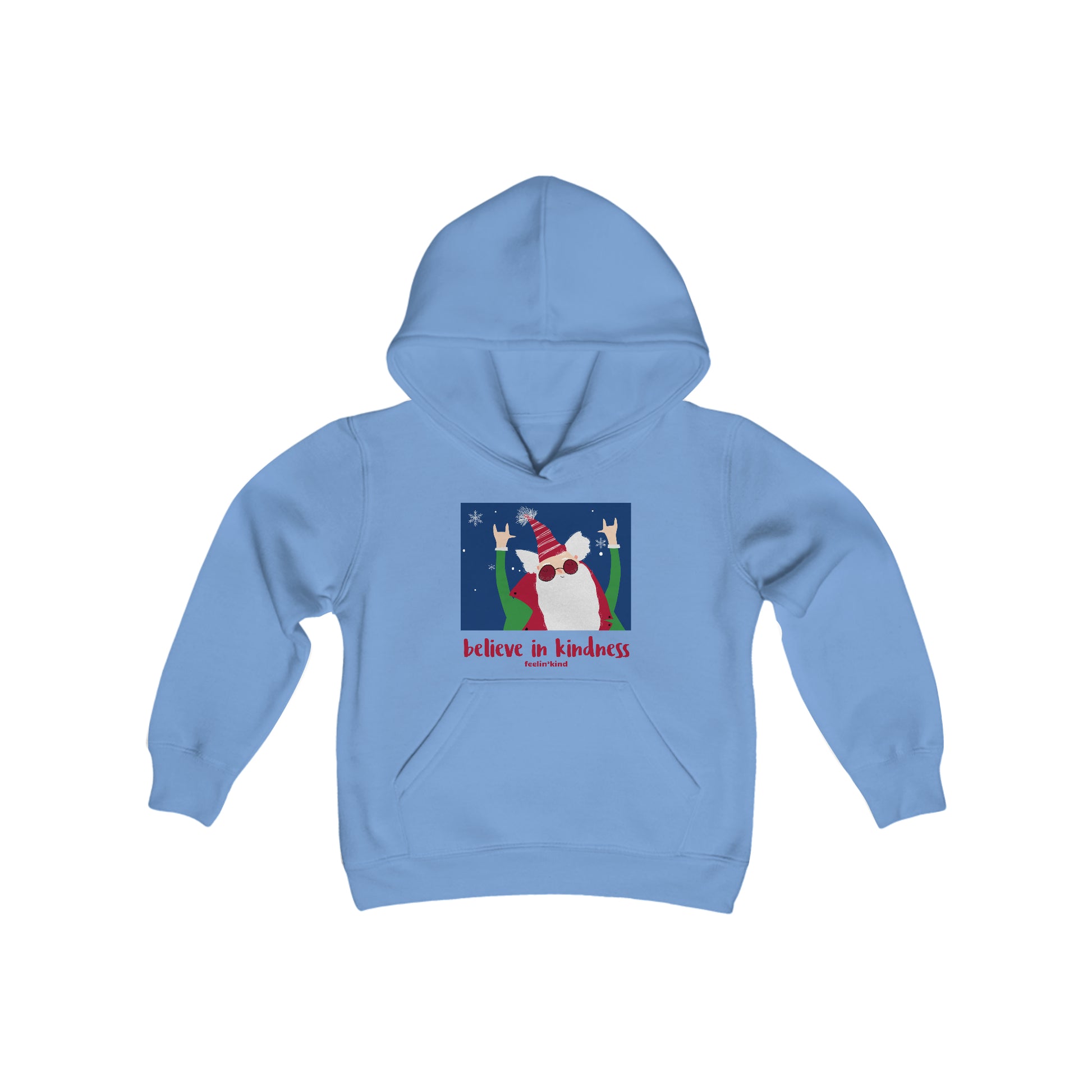 Believe in Kindness  hoodie featuring a cool Santa design inspired by the spirit of goodwill, perfect for the holidays.