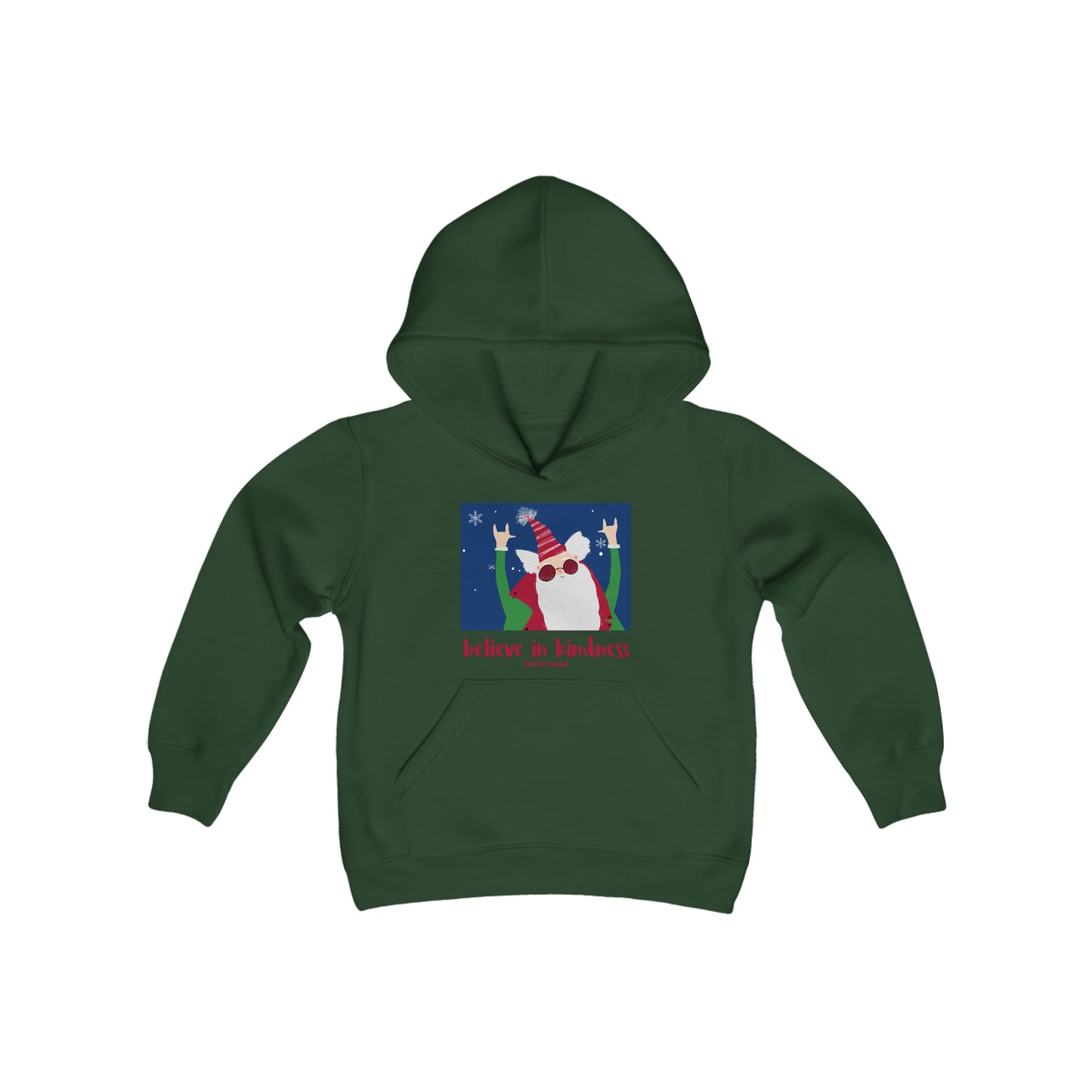 Believe in Kindness  hoodie featuring a cool Santa design inspired by the spirit of goodwill, perfect for the holidays.