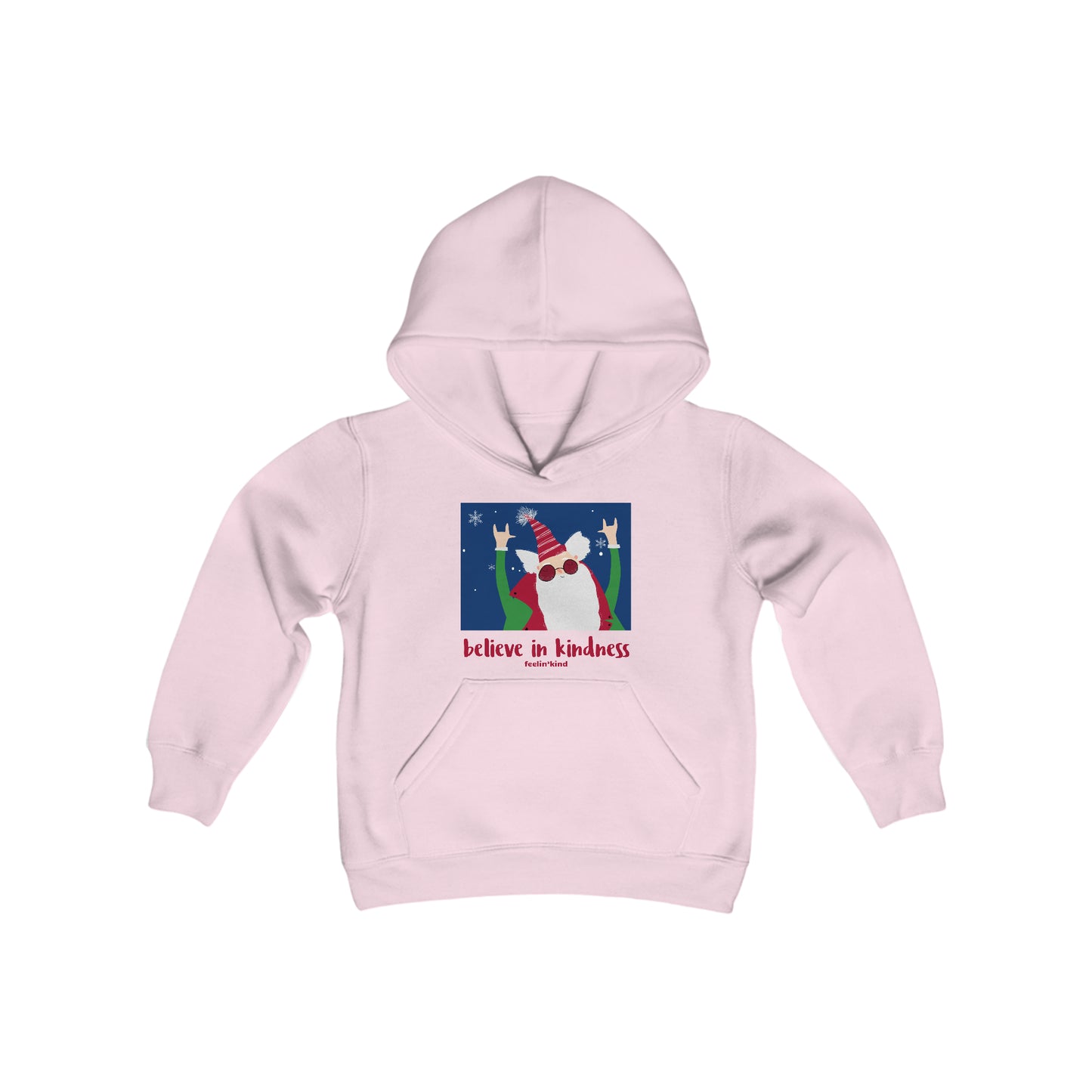 Believe in Kindness  hoodie featuring a cool Santa design inspired by the spirit of goodwill, perfect for the holidays.