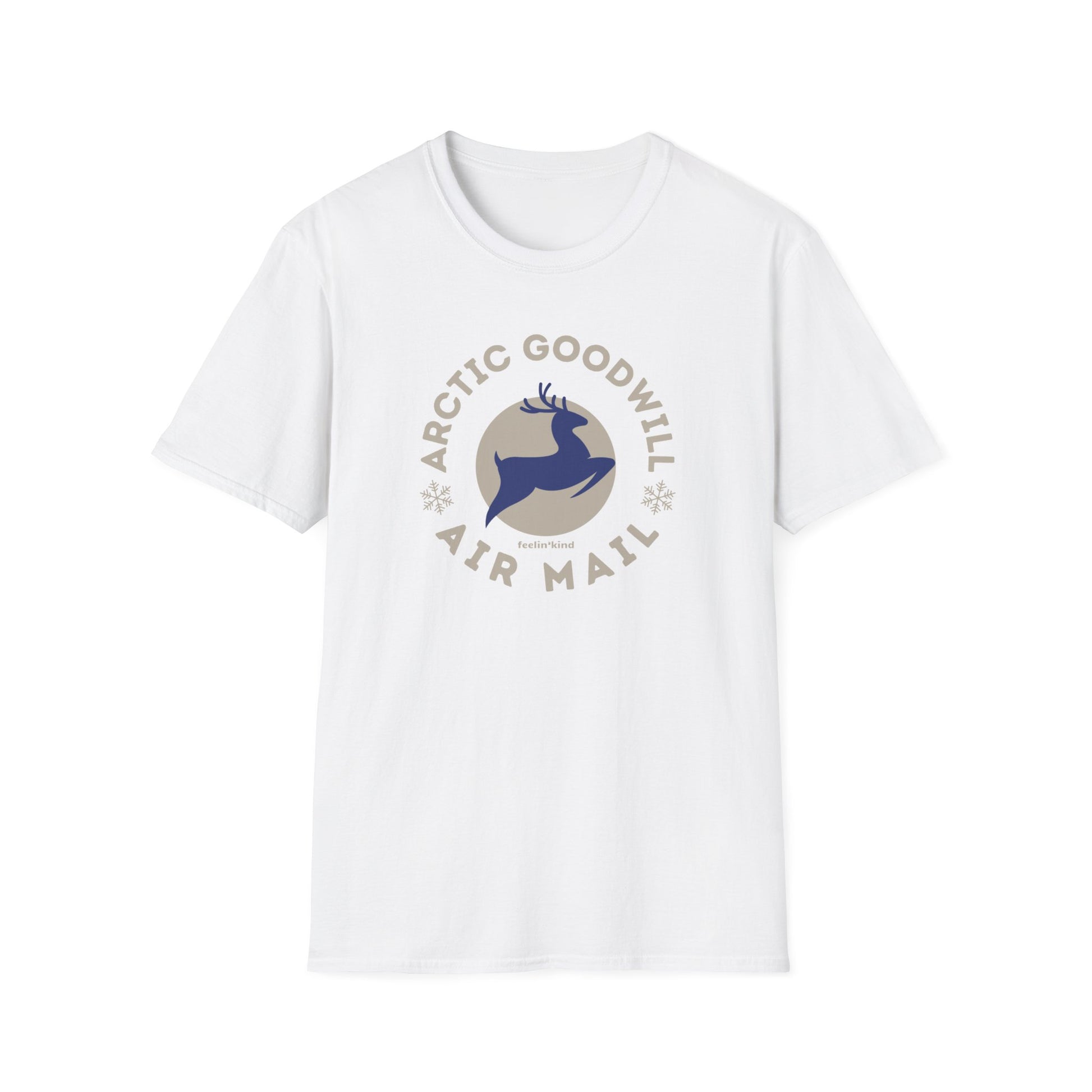 Arctic Goodwill Air Mail unisex t-shirt of a majestic deer leaping embodies strength and kindness in a wilderness-inspired design.