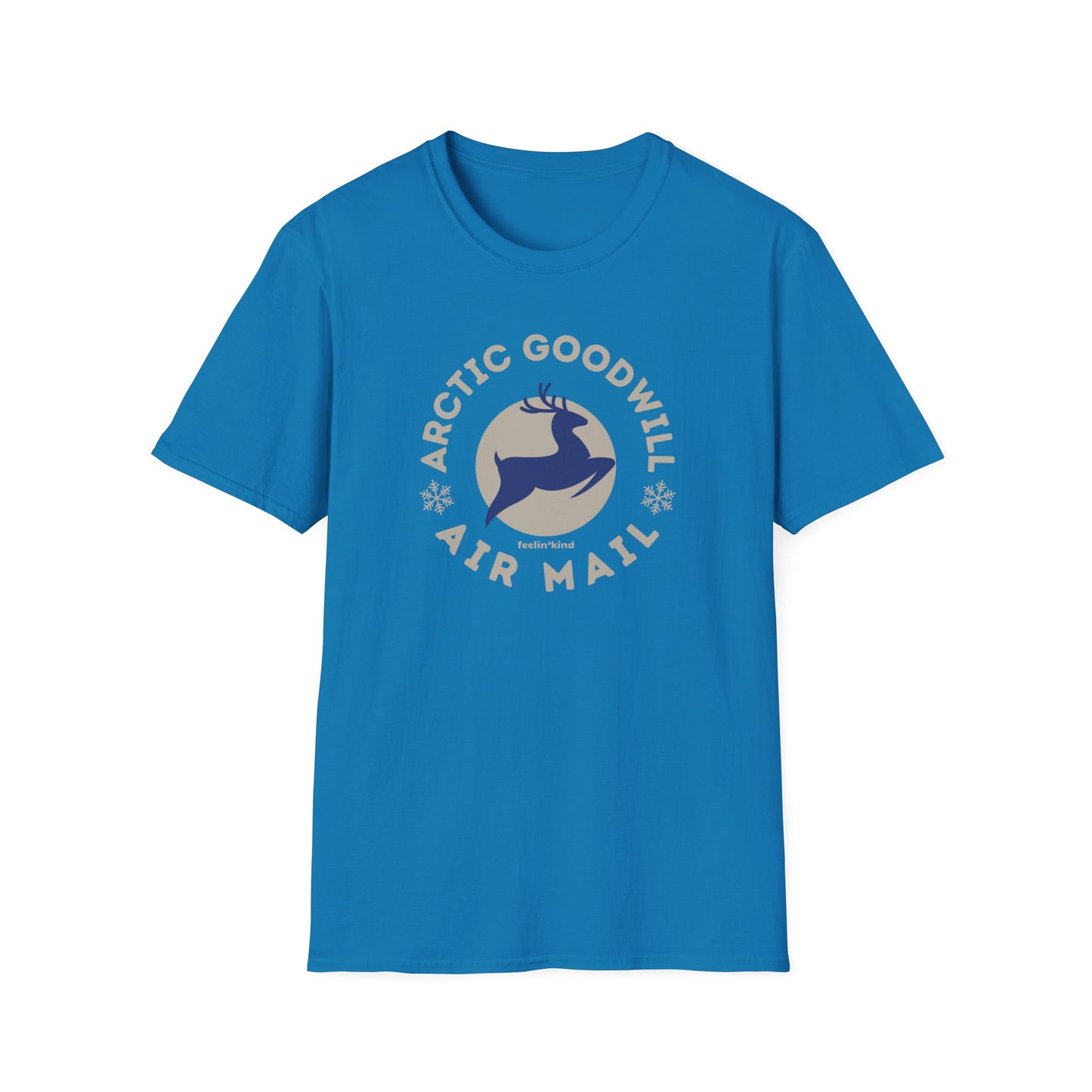 Arctic Goodwill Air Mail unisex t-shirt of a majestic deer leaping embodies strength and kindness in a wilderness-inspired design.