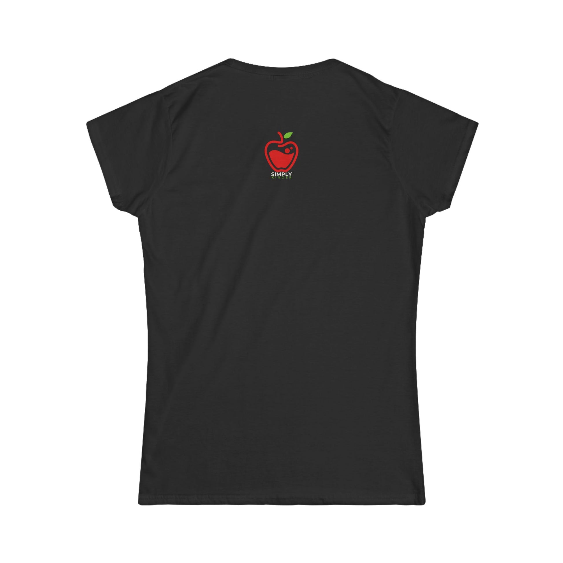 Black t-shirt with a red apple logo on the back against a white background