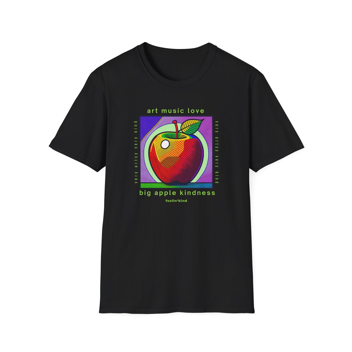 Black t-shirt with a colorful graphic of an apple and text on a white background