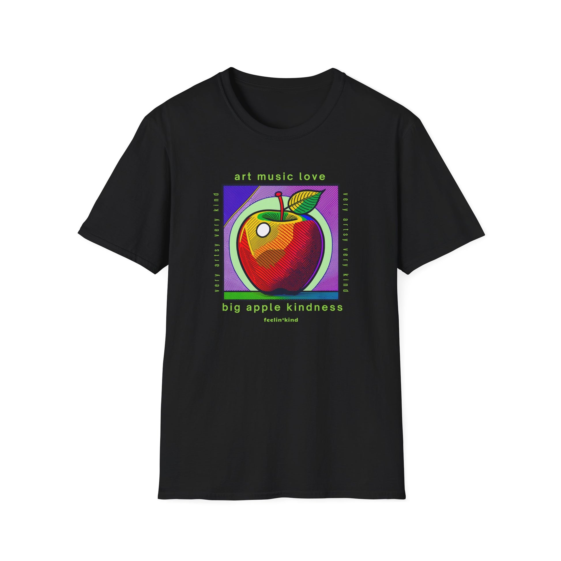 Black t-shirt with a colorful graphic of an apple and text on a white background