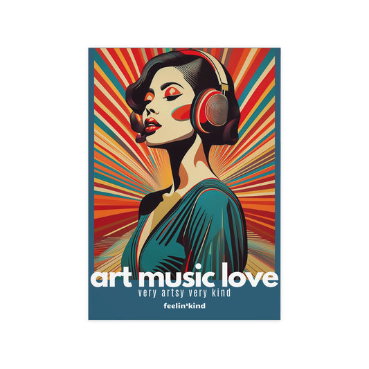 Pop-art woman with headphones and radiant sound lines – Art Music Love poster.

