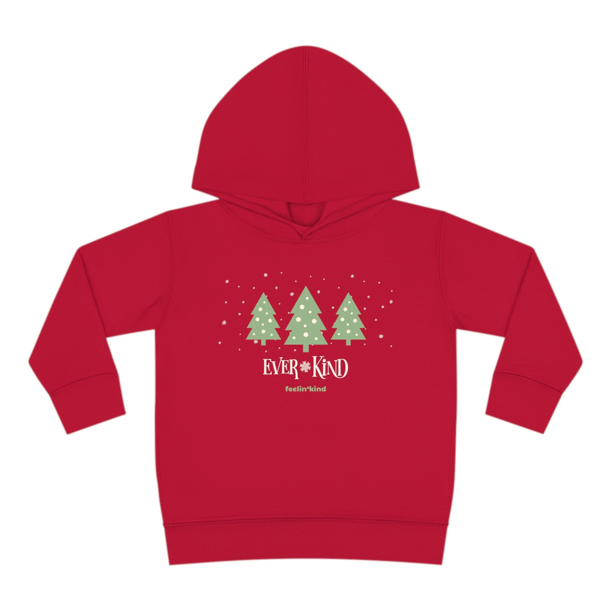 Ever-Kind hoodie featuring a snowy evergreen trees design inspired by the spirit of goodwill, perfect for the holidays.