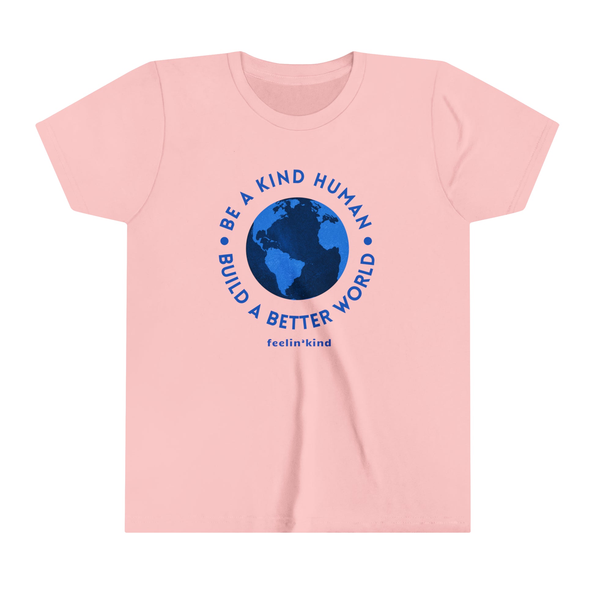 Feelin'Kind Kind World design on a pink t-shirt