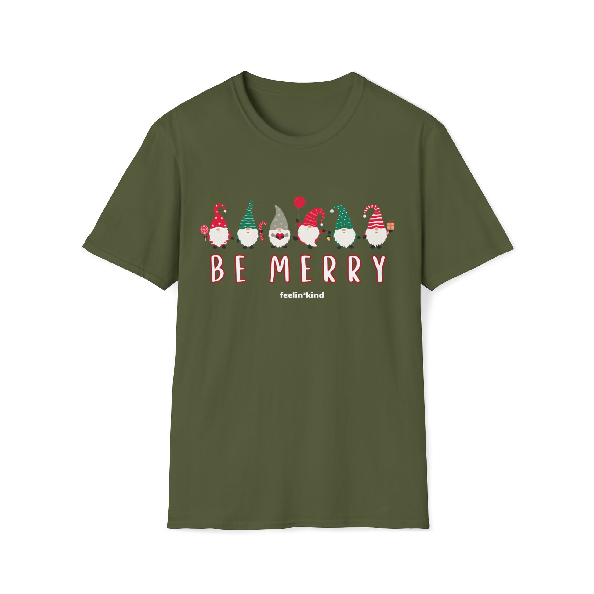 Be Merry Gnome t-shirt featuring a cool design inspired by the spirit of goodwill, perfect for chilly days.