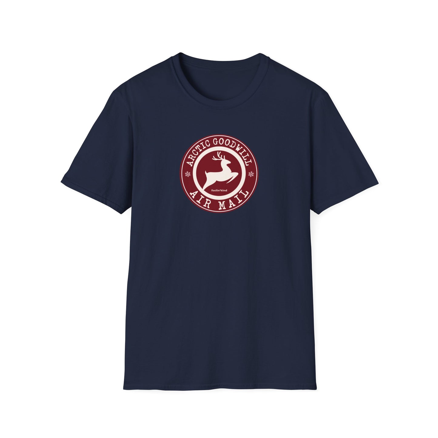 Arctic Goodwill Air Mail unisex t-shirt of a majestic deer leaping embodies strength and kindness in a wilderness-inspired design.