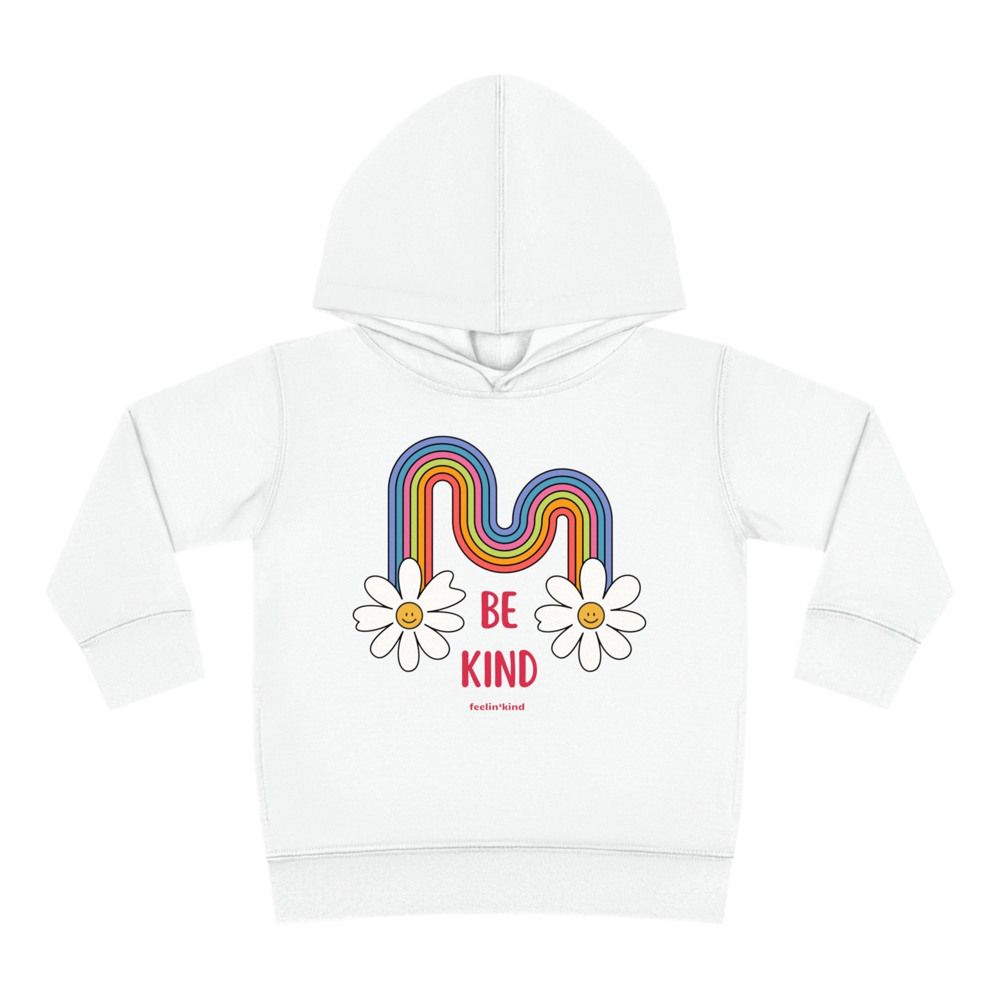 Be a Kind Rainbow kid’s hoodie featuring a a rainbow and smiling daisies.