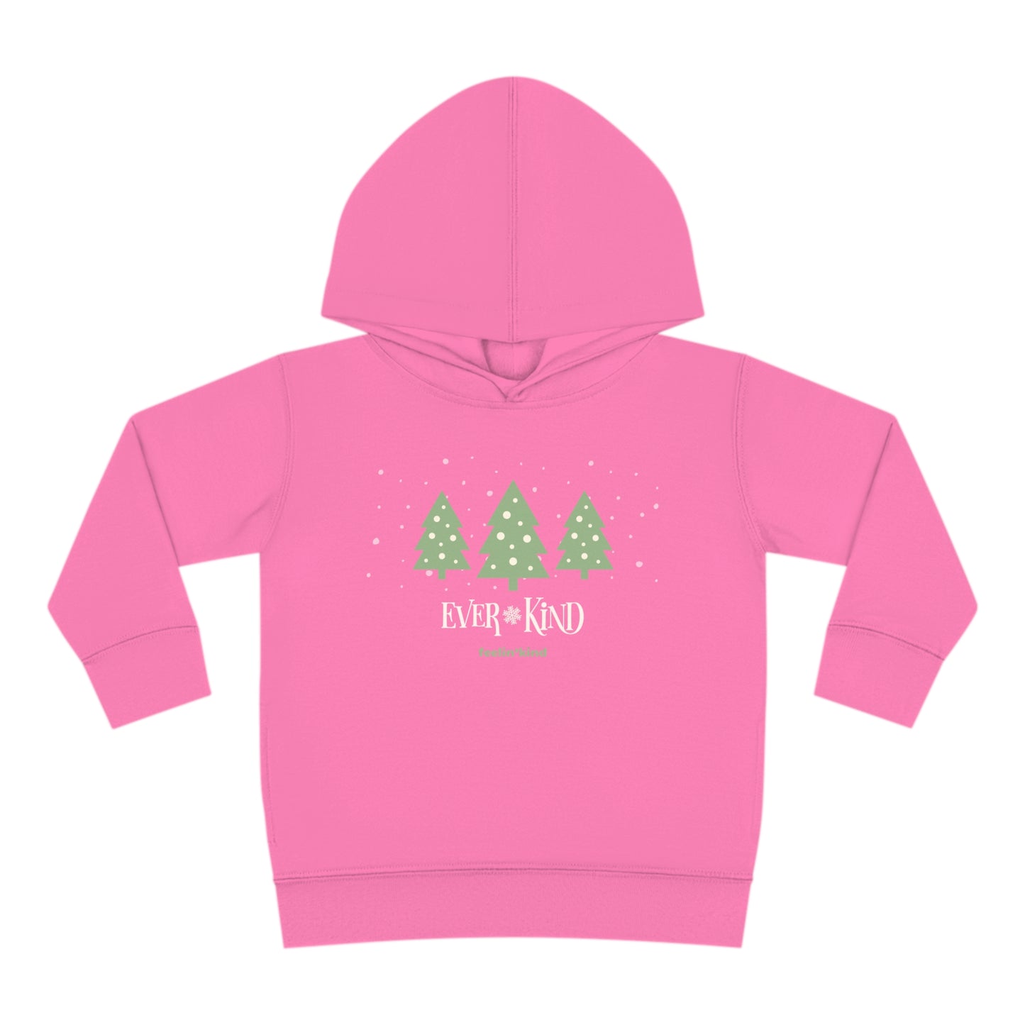 Ever-Kind hoodie featuring a snowy evergreen trees design inspired by the spirit of goodwill, perfect for the holidays.