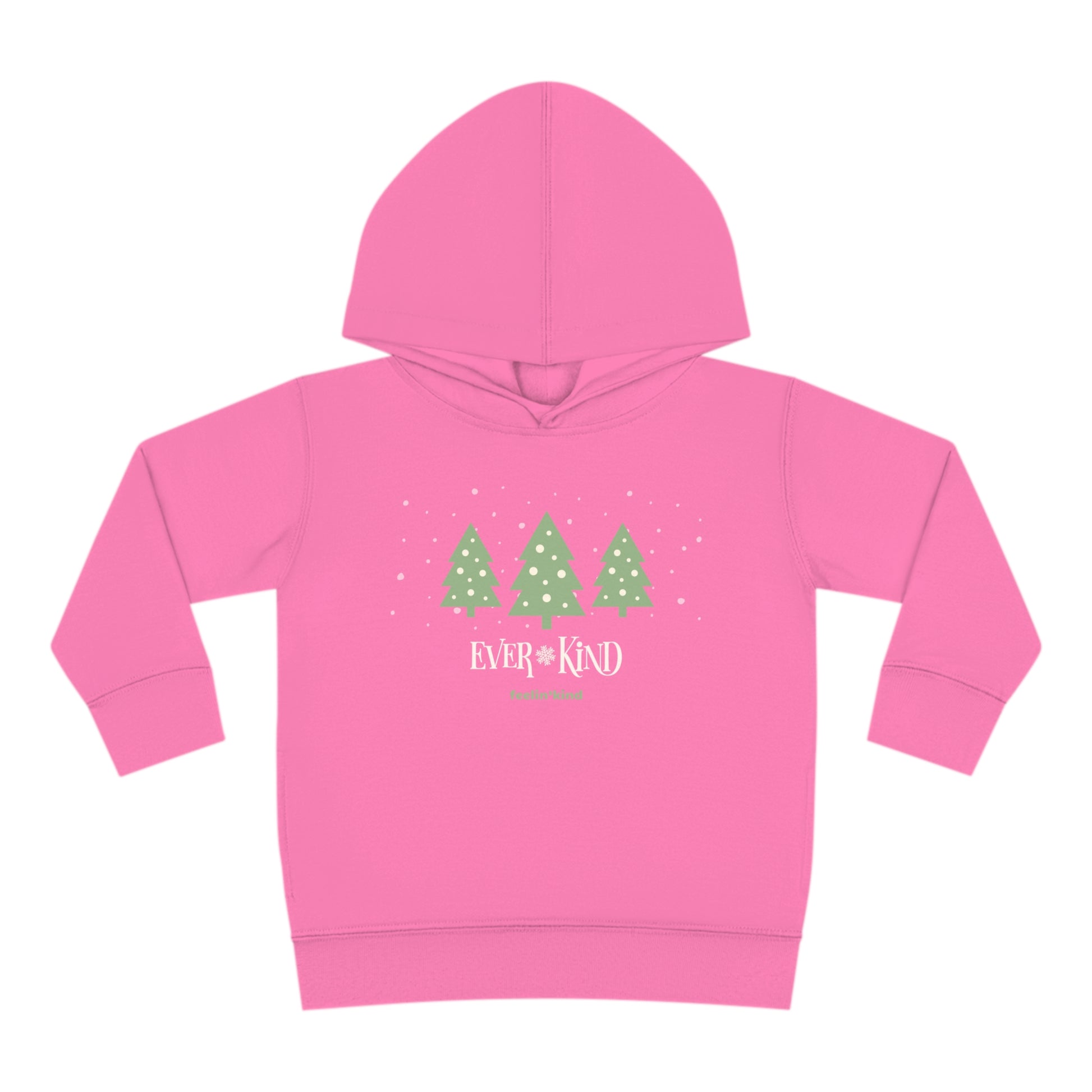 Ever-Kind hoodie featuring a snowy evergreen trees design inspired by the spirit of goodwill, perfect for the holidays.