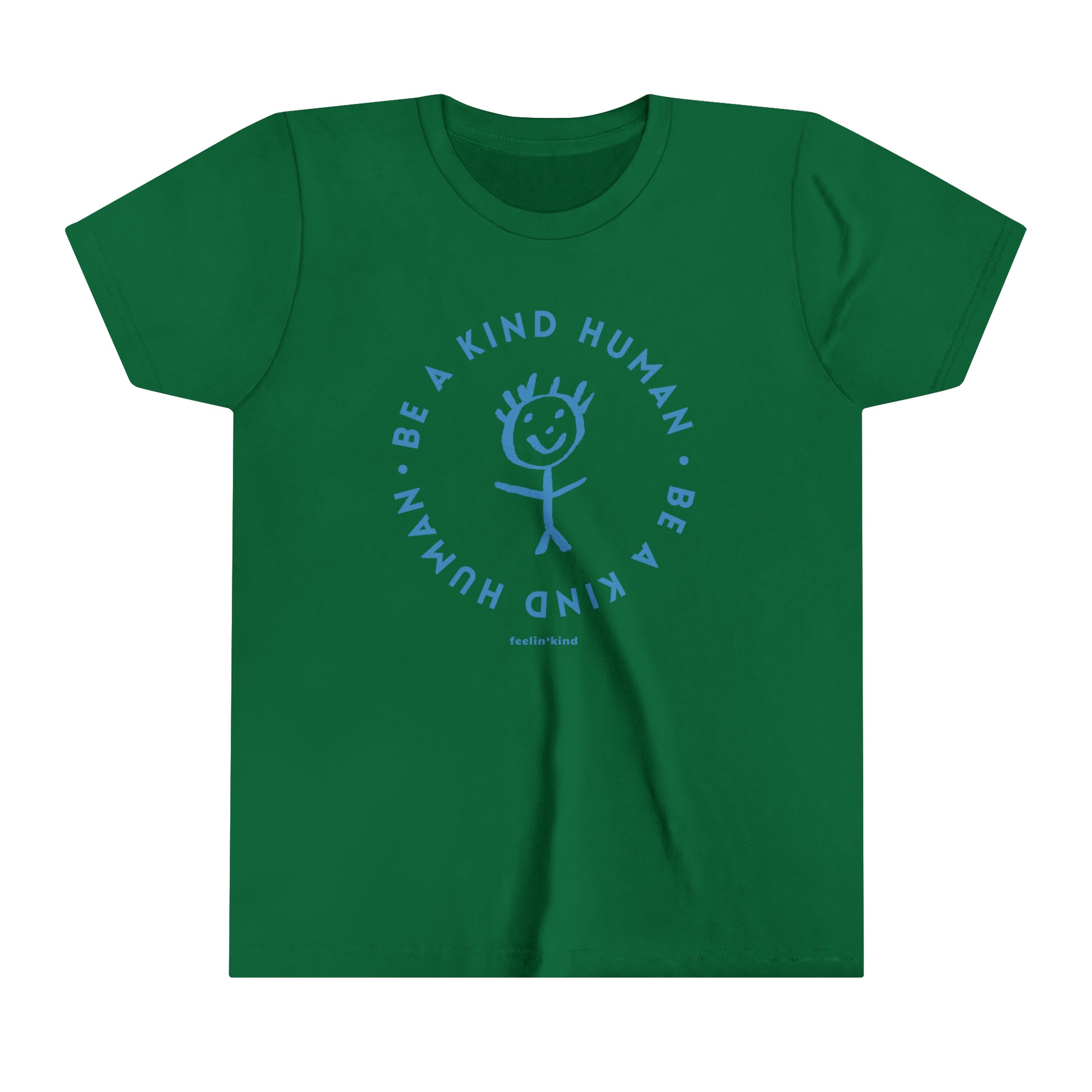 Be a Kind Human kid’s t-shirt featuring a kids drawing of a person in the center.