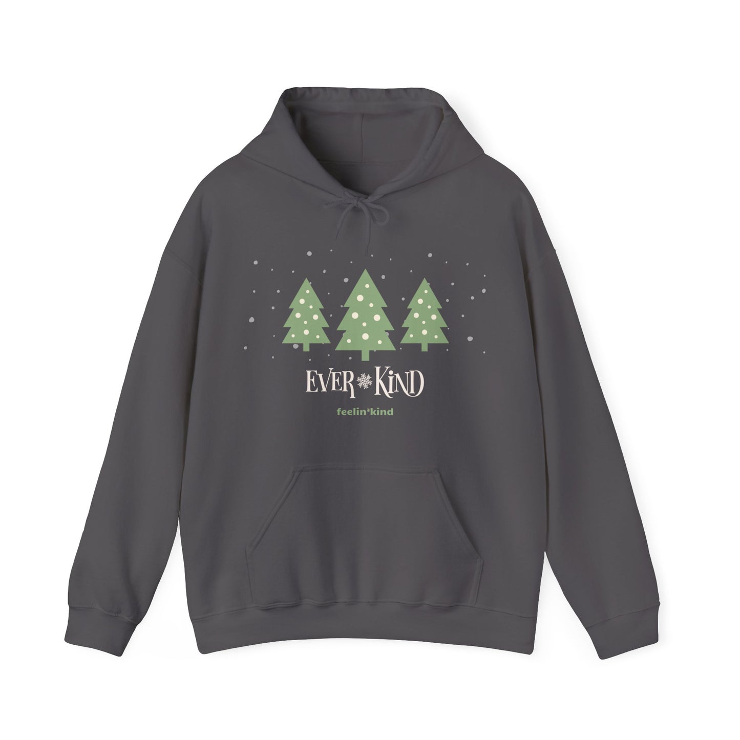 Ever-Kind hoodie featuring a snowy evergreen trees design inspired by the spirit of goodwill, perfect for the holidays.