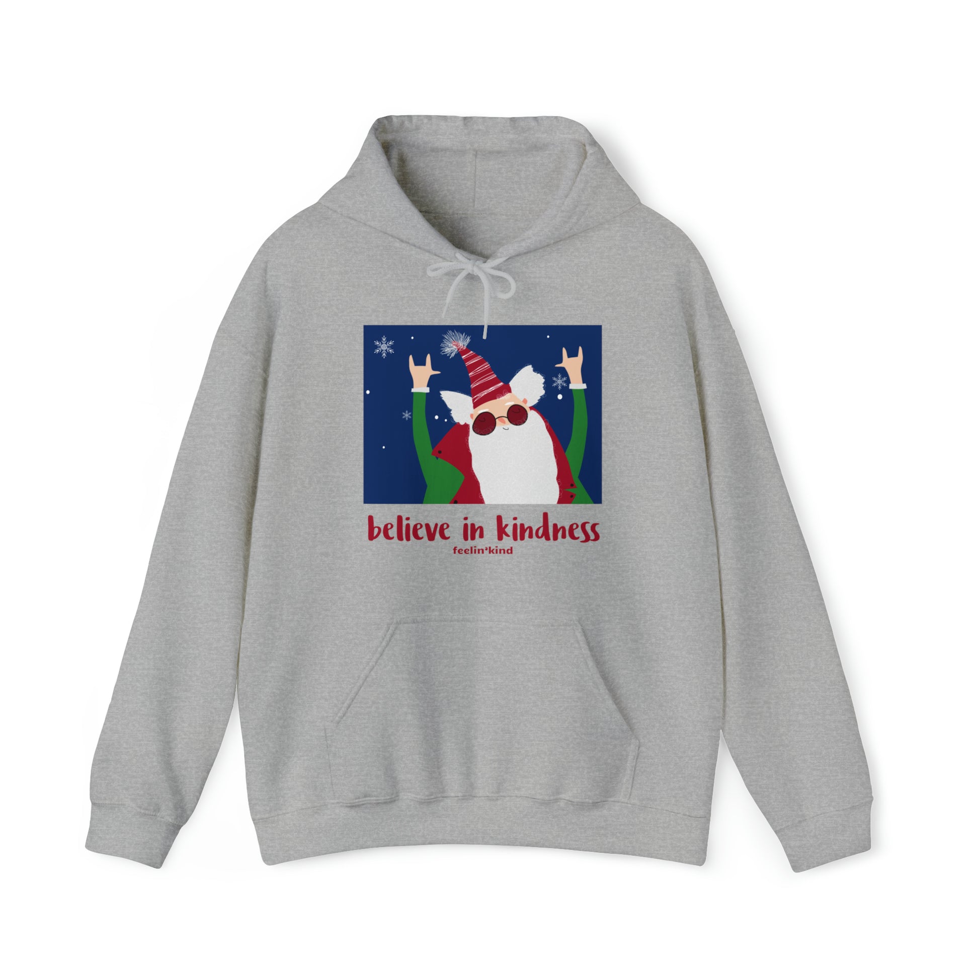 Believe in Kindness  hoodie featuring a cool Santa design inspired by the spirit of goodwill, perfect for the holidays.