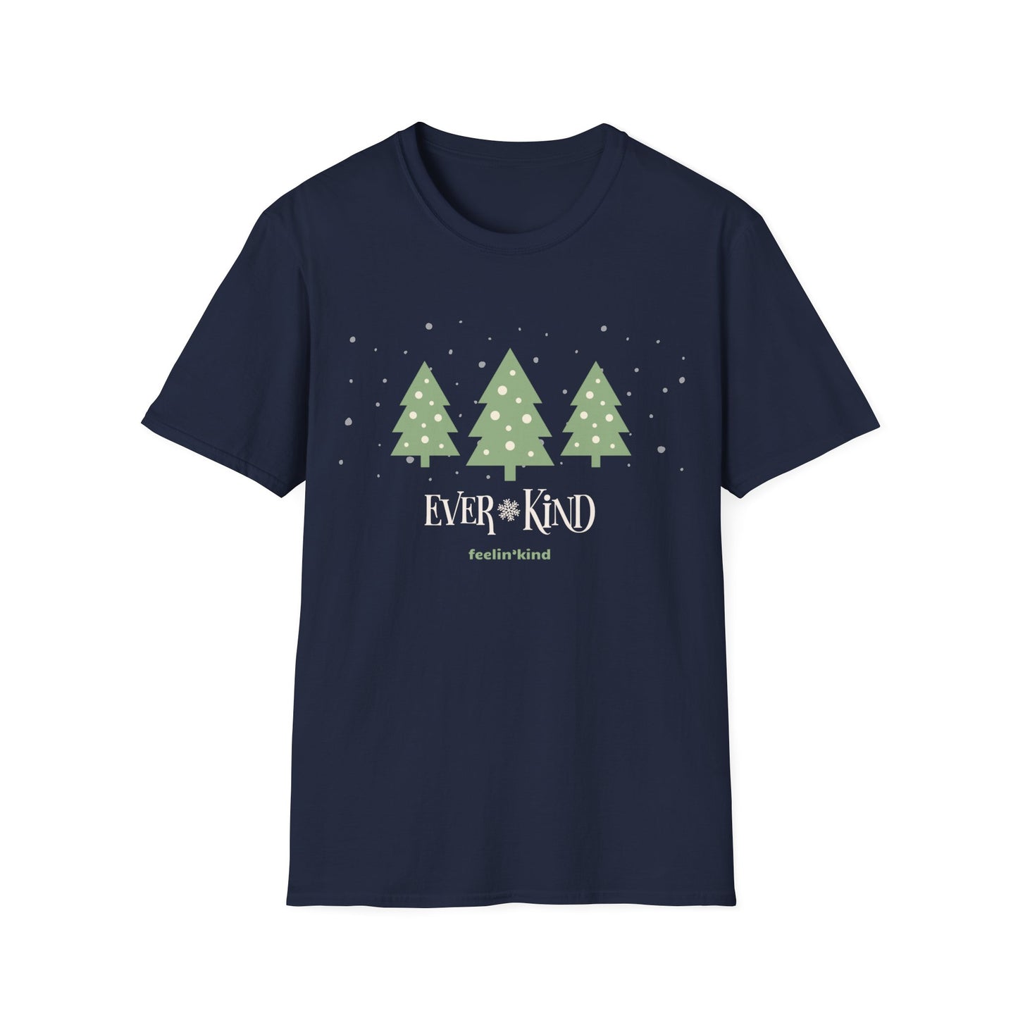 Ever-Kind unisex t-shirt featuring a snowy evergreen trees design inspired by the spirit of goodwill, perfect for the holidays.