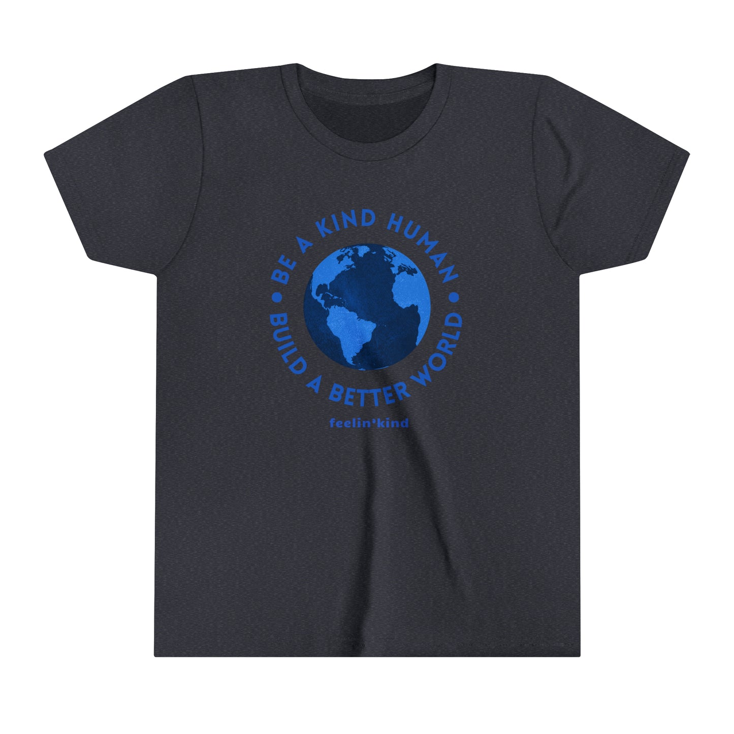 Feelin'Kind Kind World design on a heather navy t-shirt